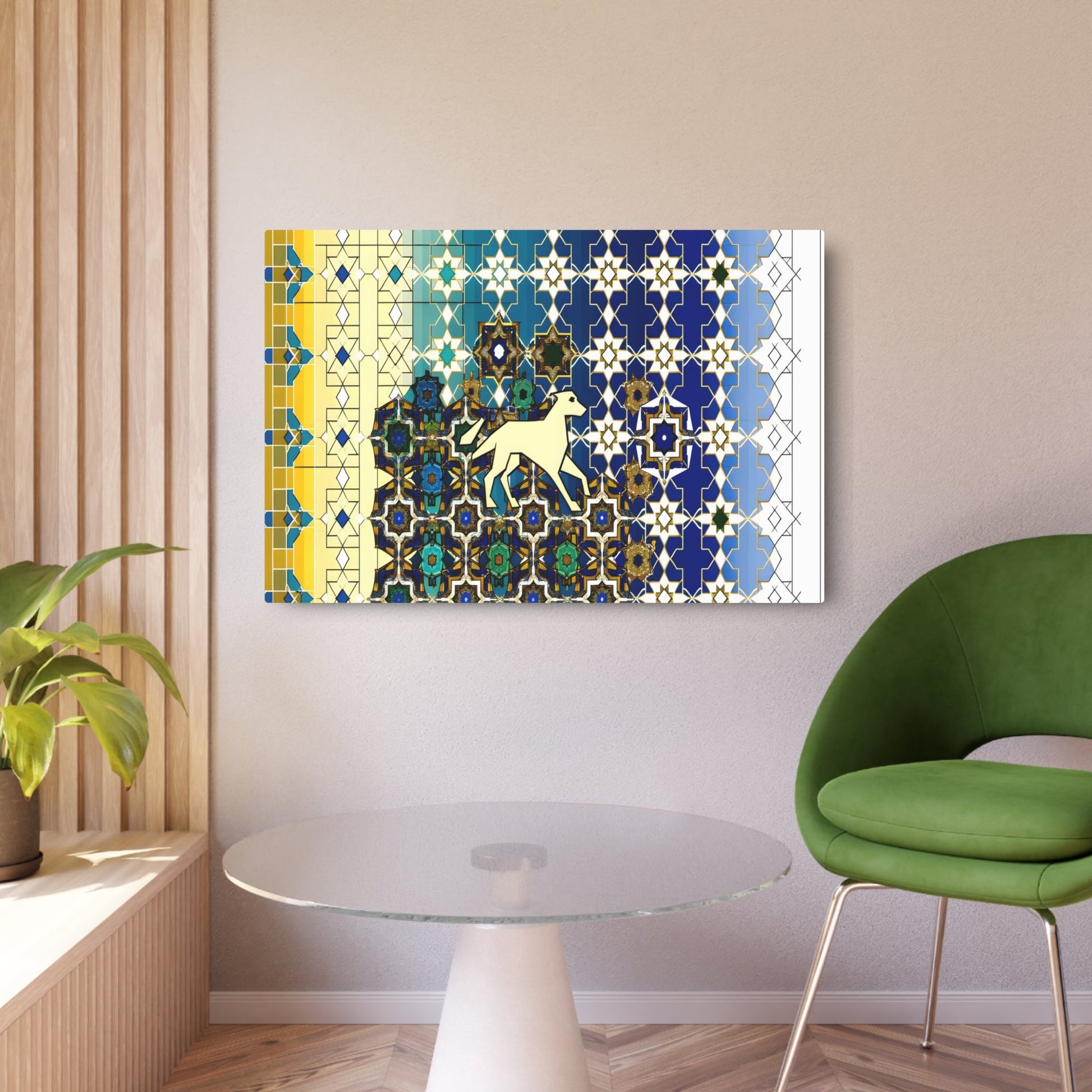 Metal Poster Art | "Subtle Canine Design within Intricate Islamic Geometric Art - Non-Western & Global Styles, Deep Blue and Gold Tones" - Metal Poster Art 36″ x 24″ (Horizontal) 0.12''