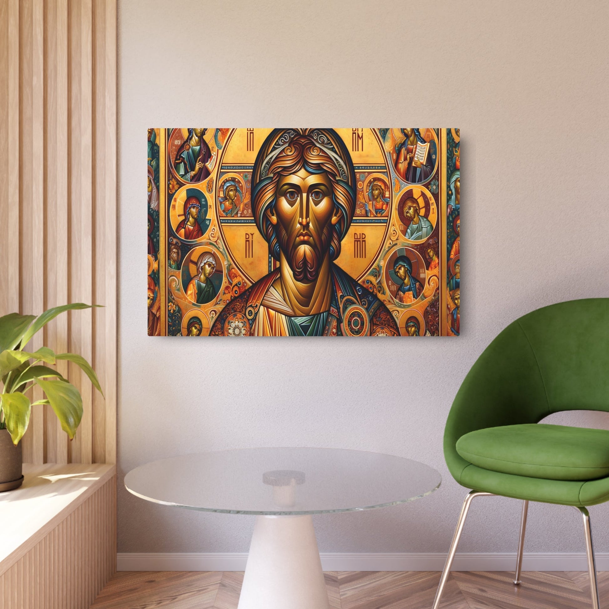 Metal Poster Art | "Richly Colored Byzantine Art Style Image: Flat Stylized Figures with Long Noses, Large Eyes in Vibrant Gold - Non - West - Metal Poster Art 36″ x 24″ (Horizontal) 0.12''