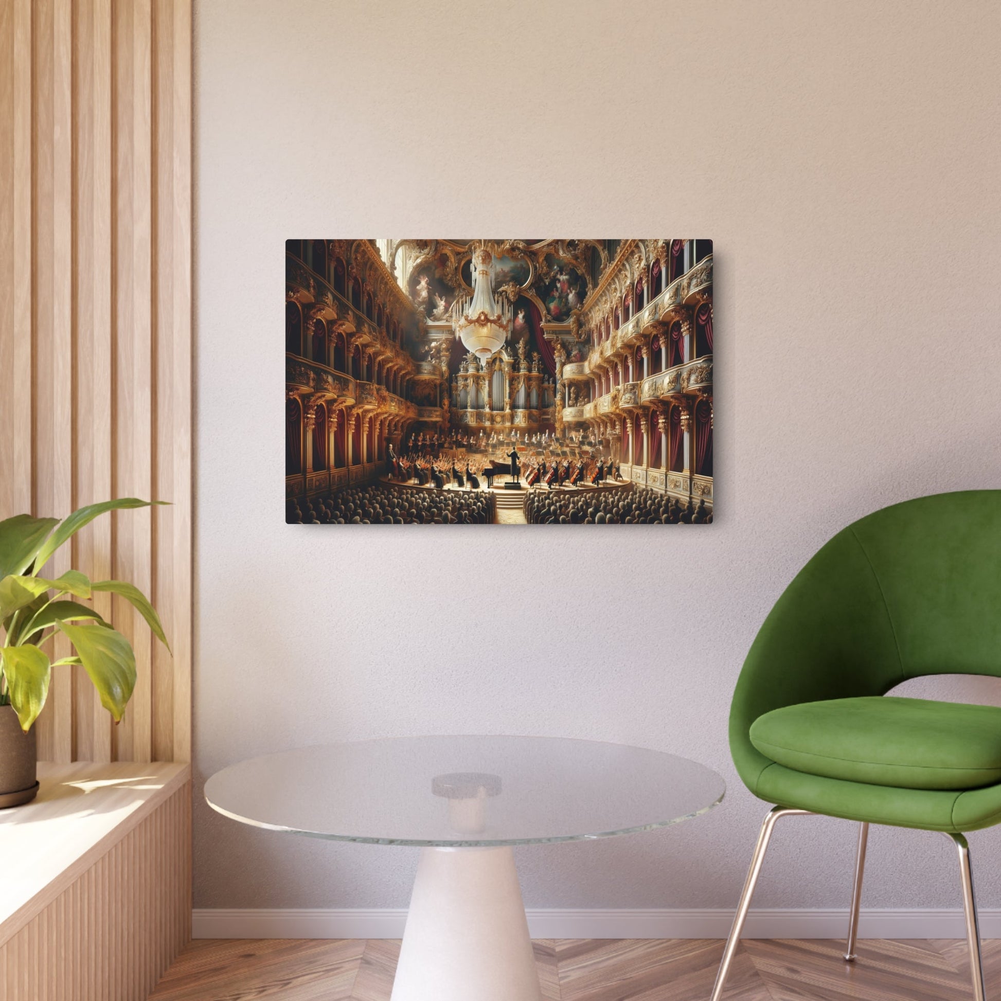 Metal Poster Art | "Baroque Style Concert Hall Scene with Classical Orchestra and Grand Piano - Western Art Styles, Baroque Sub - category" - Metal Poster Art 36″ x 24″ (Horizontal) 0.12''