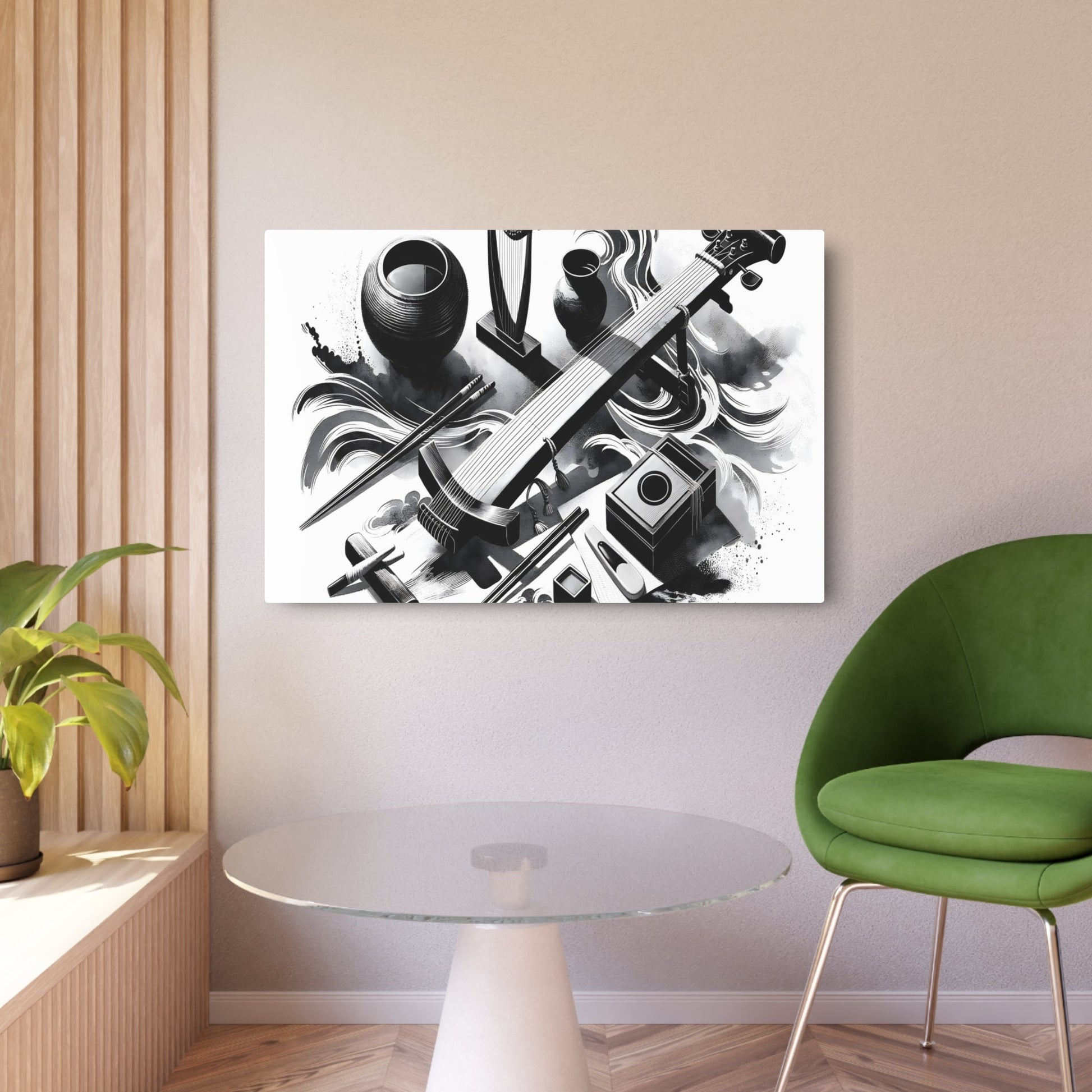 Metal Poster Art | "Sumi - e Asian Art Styles: Japanese Ink Wash Painting of Music & Art featuring Traditional Instruments Shamisen, Koto, Shakuhachi and Call - Metal Poster Art 36″ x 24″ (Horizontal) 0.12''