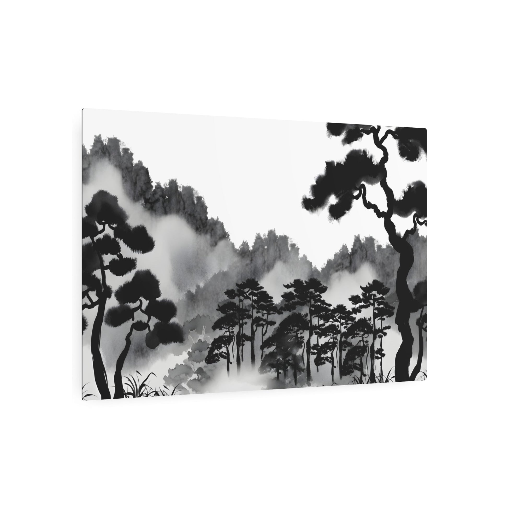 Metal Poster Art | "Sumi-e Japanese Ink Wash Painting - Tranquil Forest Scene in Traditional Asian Art Styles" - Metal Poster Art 36″ x 24″ (Horizontal) 0.12''