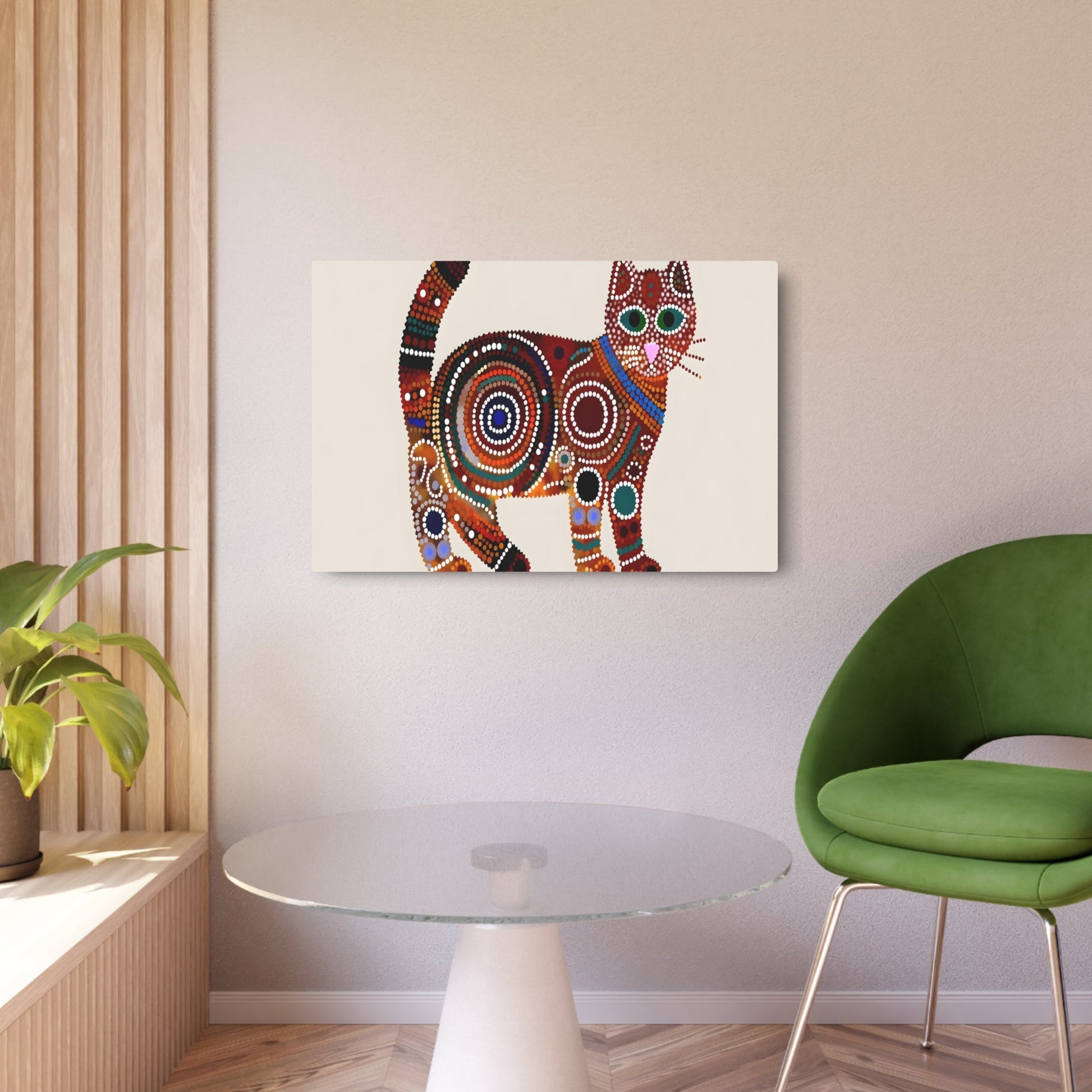 Metal Poster Art | "Australian Aboriginal Art Inspired Vibrant Cat Portrait: Non-Western & Global Styles - Intricate Patterned Aboriginal Artwork" - Metal Poster Art 36″ x 24″ (Horizontal) 0.12''