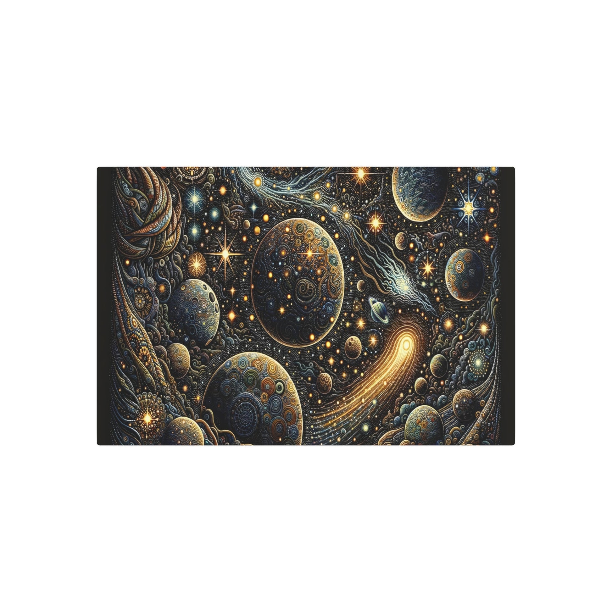 Metal Poster Art | "Indonesian Batik Style Art Image Featuring Celestial Bodies - Planets, Stars, Comets & Moon in Non - Western & Global Styles - Metal Poster Art 36″ x 24″ (Horizontal) 0.12''