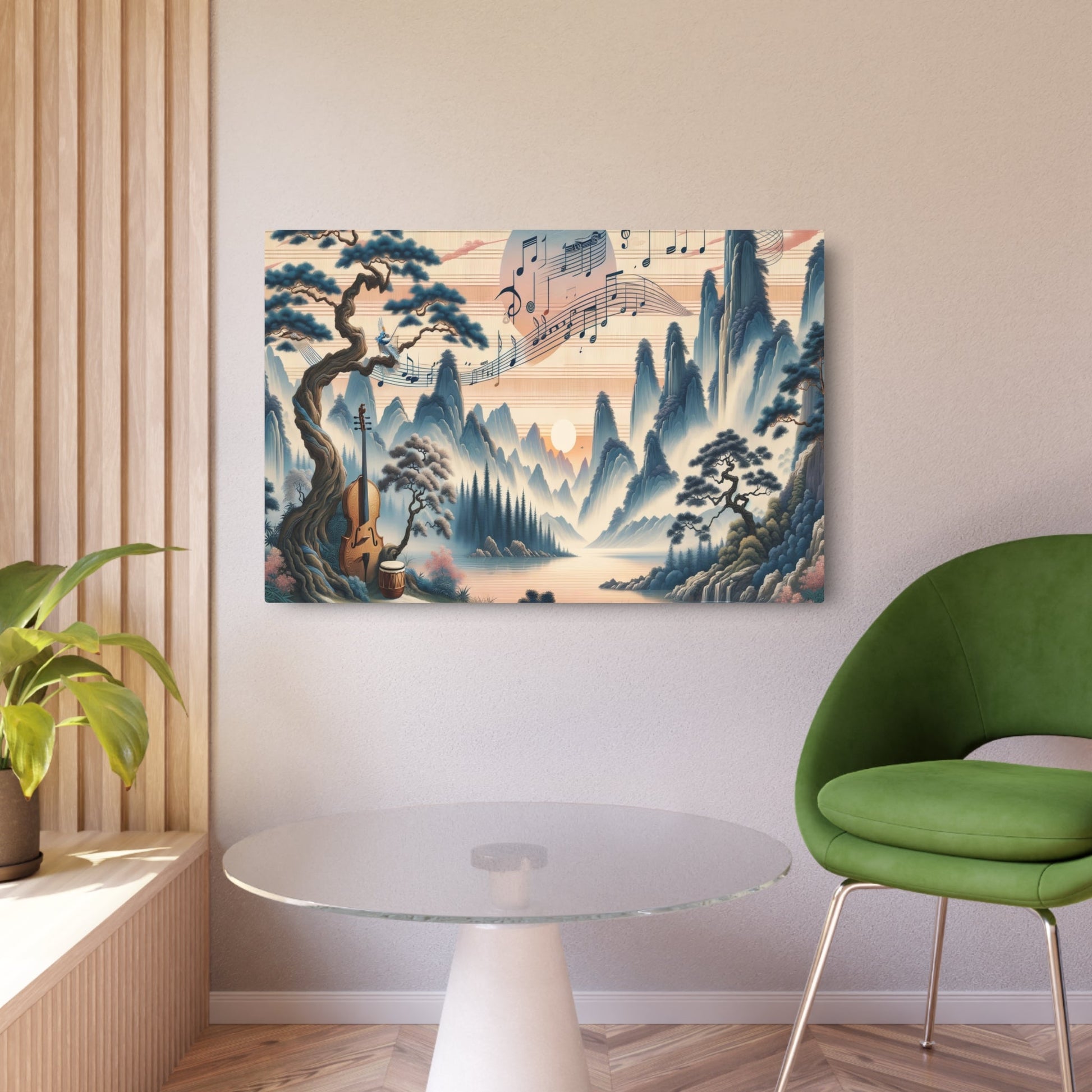 Metal Poster Art | "Symphony of Tranquility: Traditional Chinese Landscape Painting Inspired by Music and Art in Soothing Colors - Asian Art Styles, Chinese Landscape Sub - Metal Poster Art 36″ x 24″ (Horizontal) 0.12''