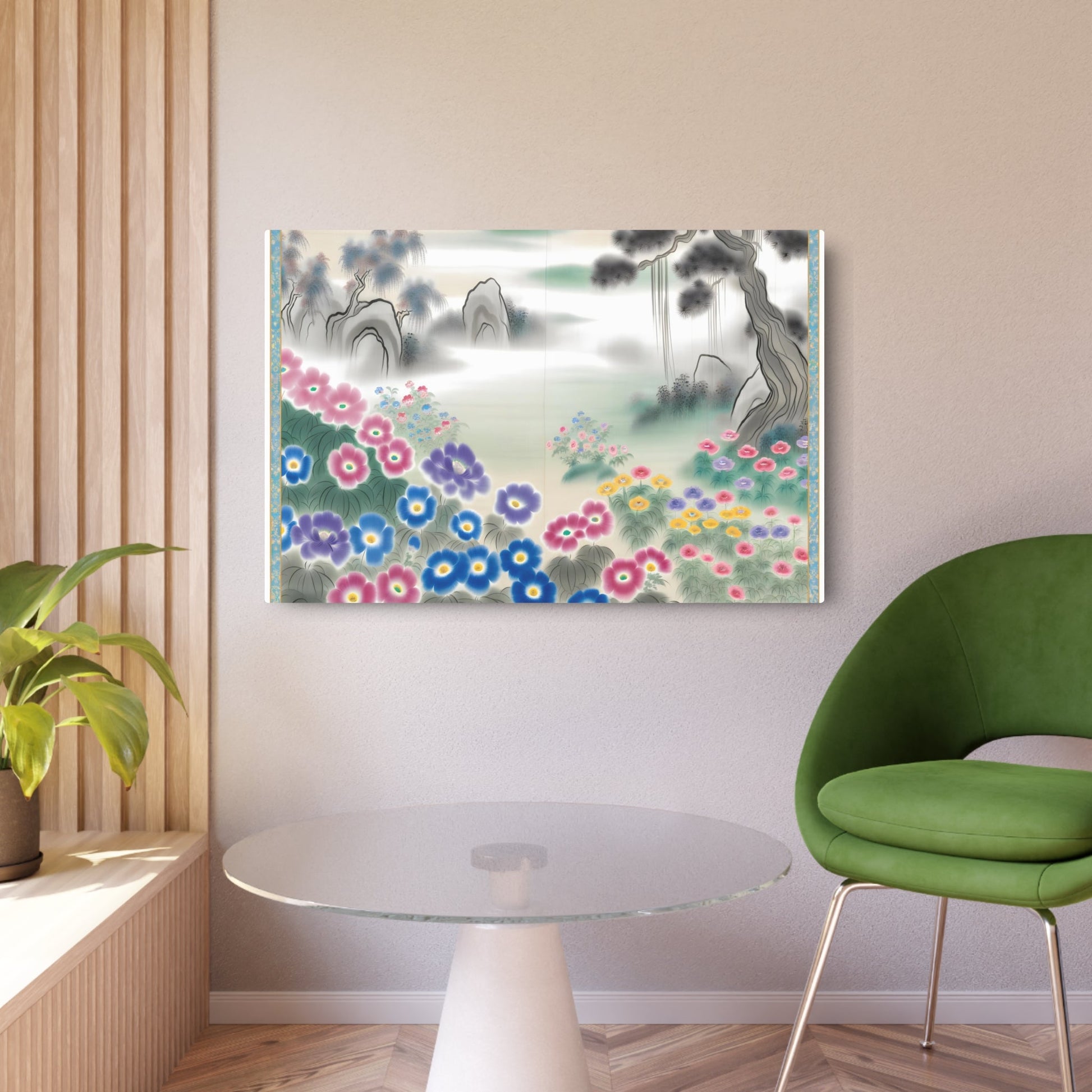 Metal Poster Art | "Tranquil Chinese Silk Painting: Vibrant Floral Garden Artwork in Traditional Asian Style - Peaceful Harmony in Brushstrokes and Soft Tones - Metal Poster Art 36″ x 24″ (Horizontal) 0.12''