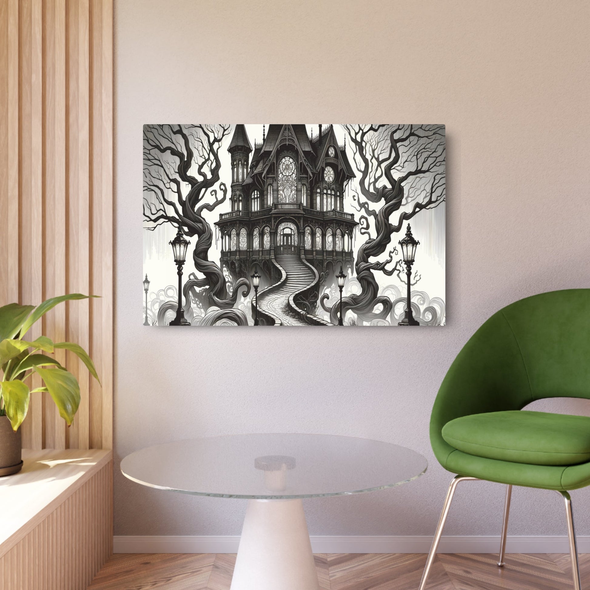 Metal Poster Art | "Art Nouveau Western Style: Spooky Haunted Mansion Scene - Ghostly Artistic Illustration" - Metal Poster Art 36″ x 24″ (Horizontal) 0.12''