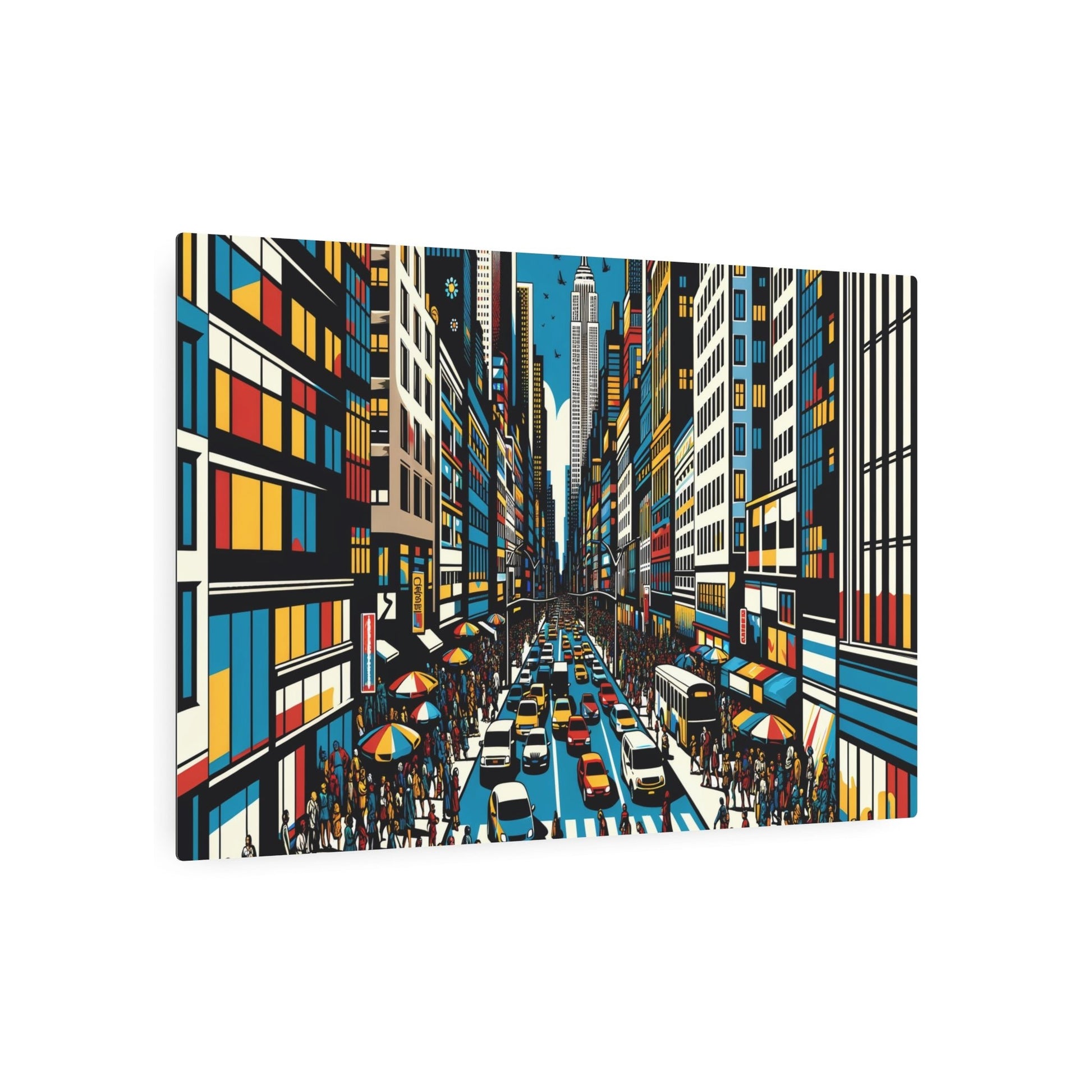 Metal Poster Art | "Pop Art Inspired Bustling City Street Scene - Vibrant Modern & Contemporary Graphic Wall Art" - Metal Poster Art 36″ x 24″ (Horizontal) 0.12''