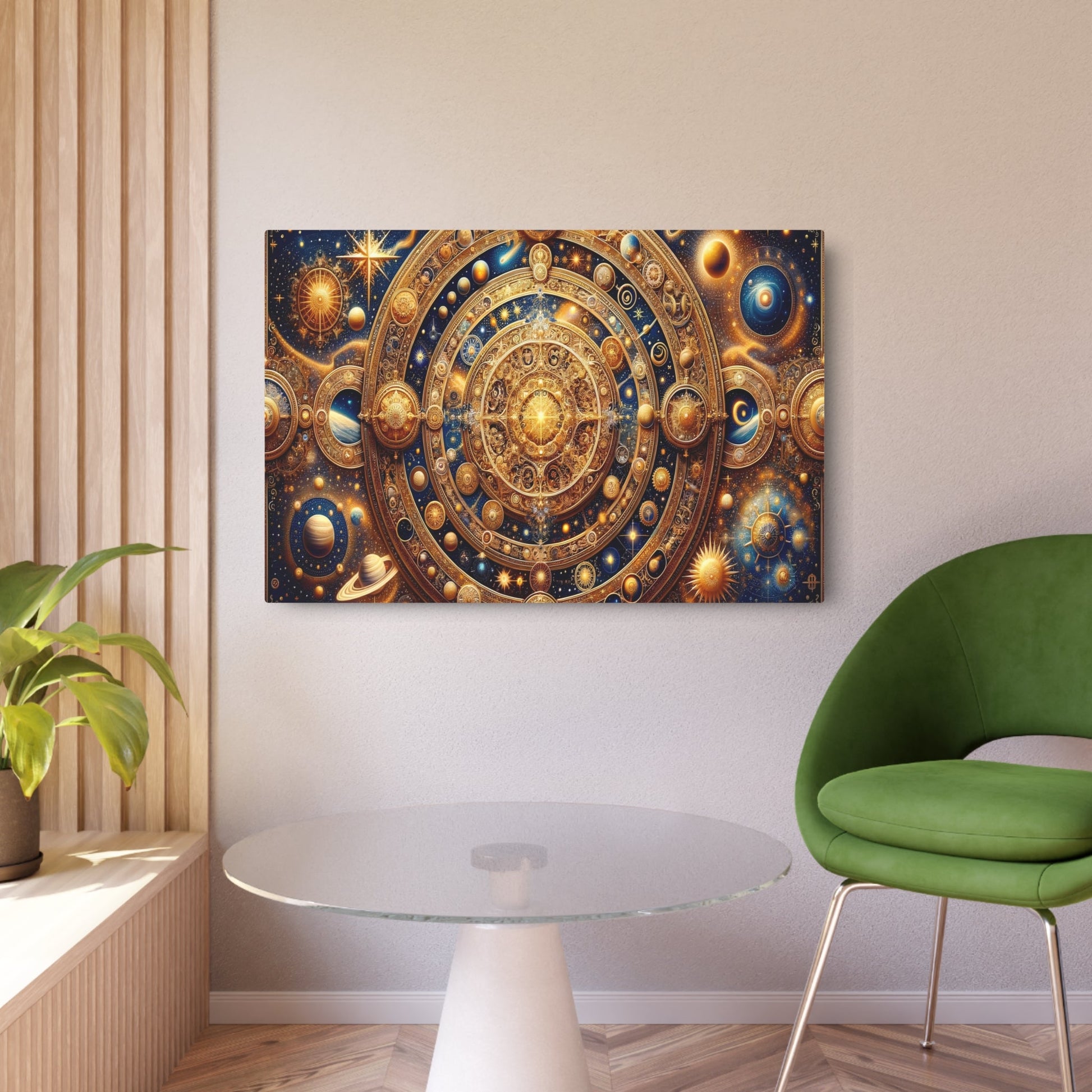 Metal Poster Art | "Byzantine Art Style Celestial Body Theme: Intricate Design of Stars, Comets, Galaxies and Planets with Gold Accents in - Metal Poster Art 36″ x 24″ (Horizontal) 0.12''