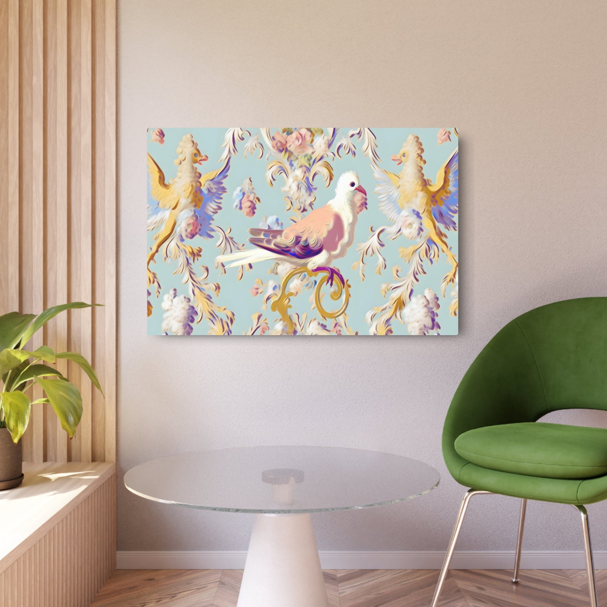 Metal Poster Art | "Pastel Rococo Style Western Art Painting - Intricate Opulent Bird Scene with Playful Ornate Detailing" - Metal Poster Art 36″ x 24″ (Horizontal) 0.12''