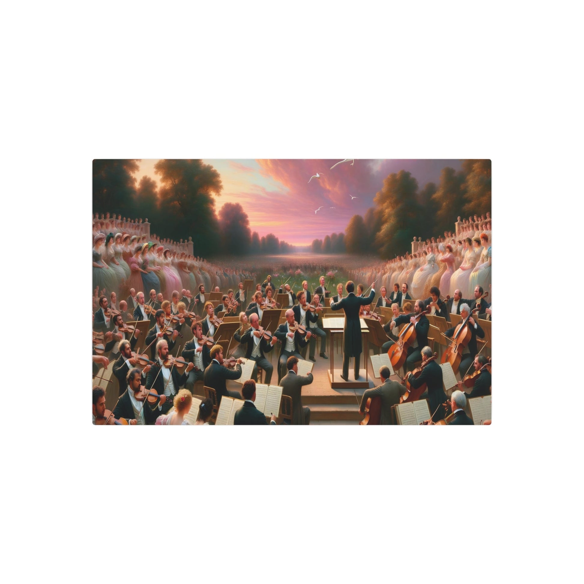 Metal Poster Art | "Romanticism Era Symphony Under Pastel - Pink Sunset - 19th Century Western Art Scene with Orchestra, Grand Piano & Famous Painters" - Metal Poster Art 36″ x 24″ (Horizontal) 0.12''