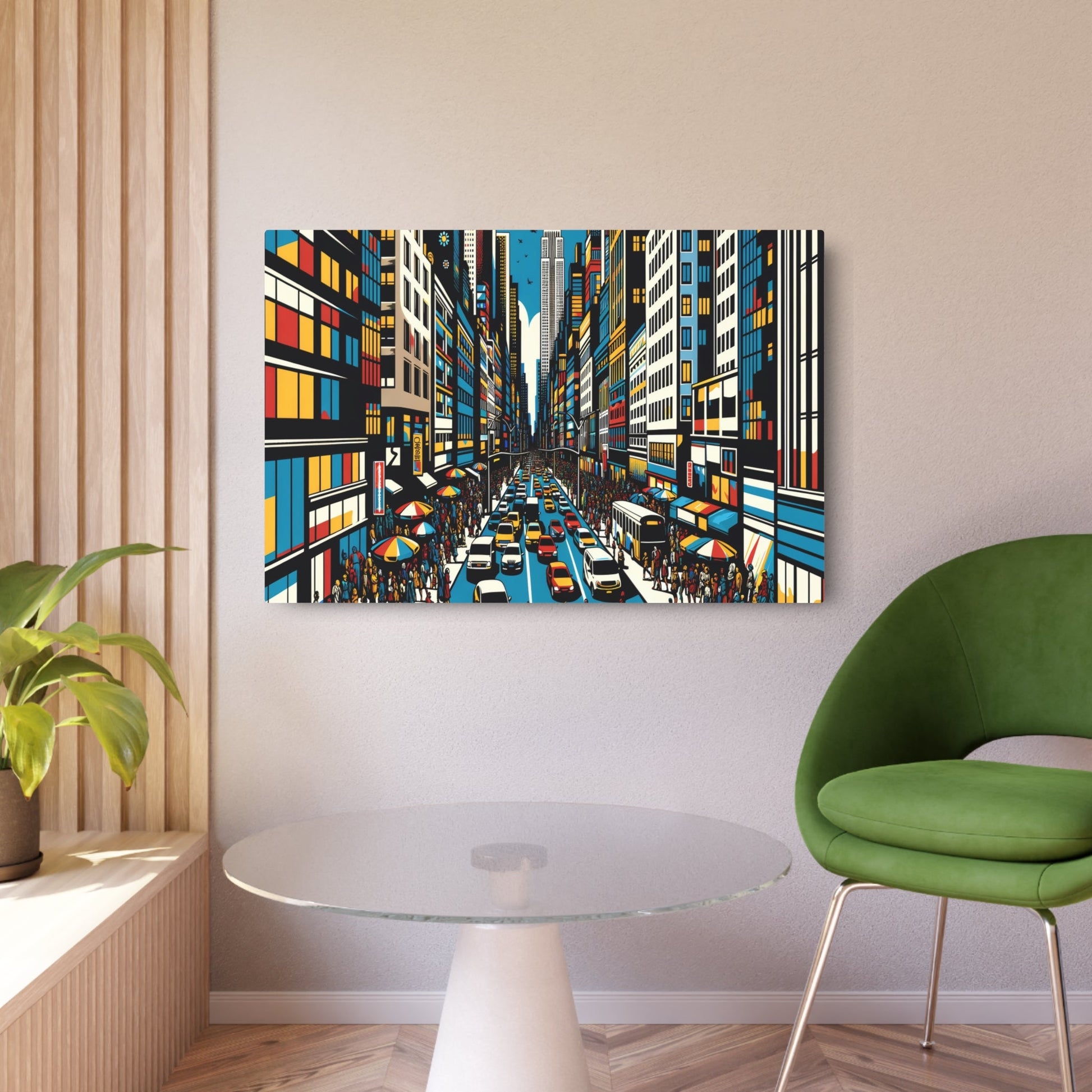 Metal Poster Art | "Pop Art Inspired Bustling City Street Scene - Vibrant Modern & Contemporary Graphic Wall Art" - Metal Poster Art 36″ x 24″ (Horizontal) 0.12''