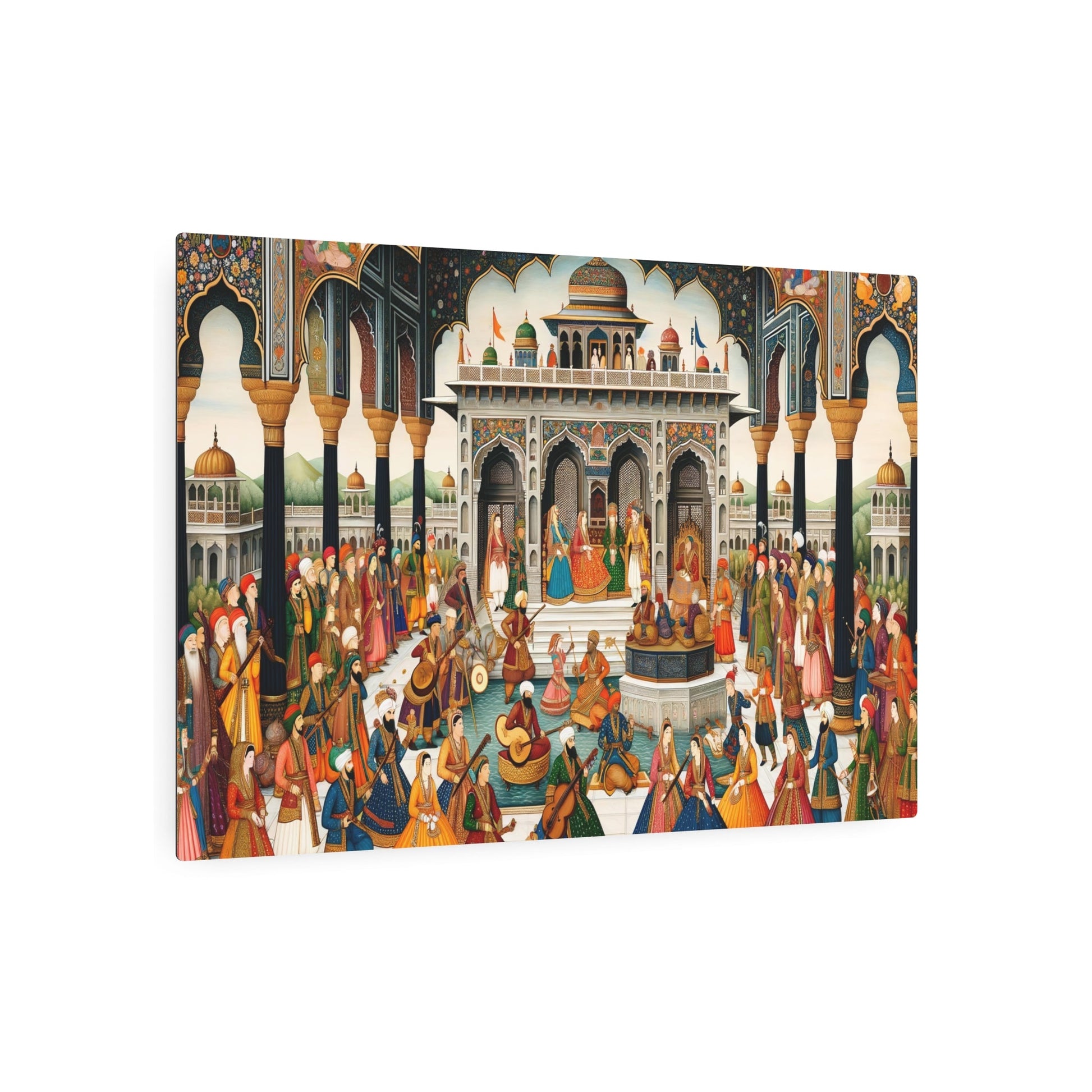 Metal Poster Art | "Mughal Era Royal Court Scene Artwork: Handcrafted South Asian Mughal Miniature Painting Featuring Royalty, Musicians and Dancers in - Metal Poster Art 36″ x 24″ (Horizontal) 0.12''