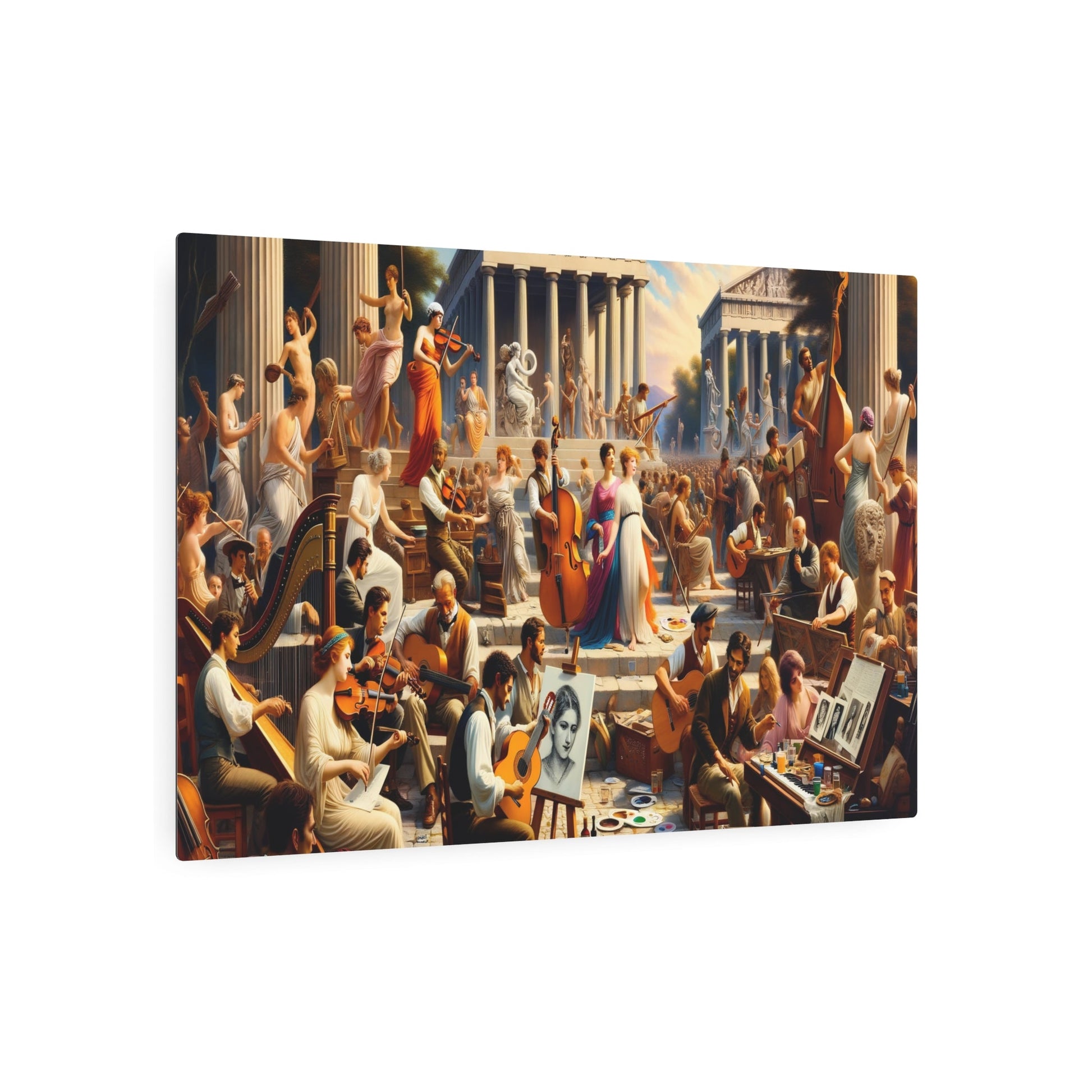 Metal Poster Art | "Neoclassical Art Festival Painting - Vibrant Western Art Styles Depicting Classical Music and Portrait Artists Amidst Greek and Roman Architecture" - Metal Poster Art 36″ x 24″ (Horizontal) 0.12''