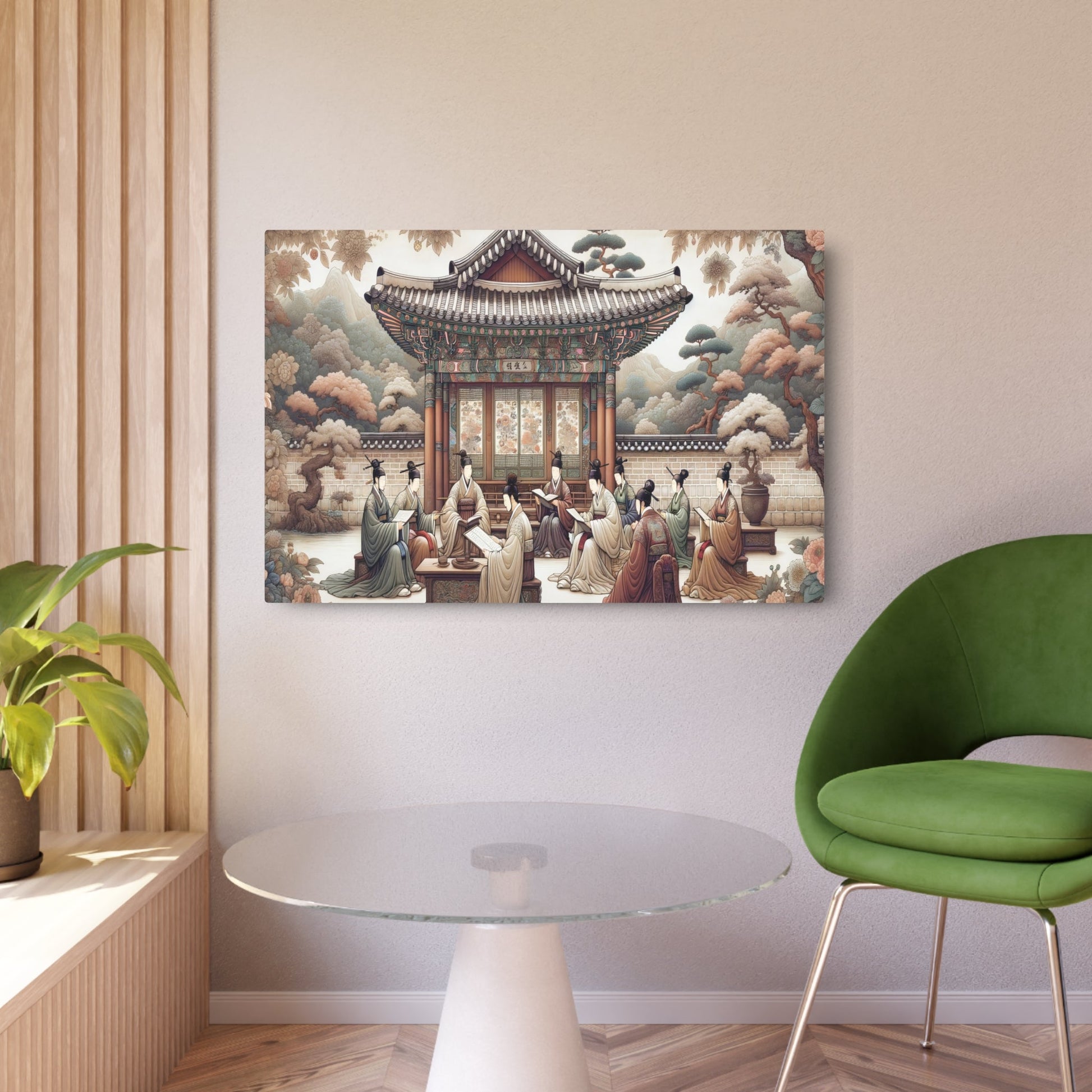 Metal Poster Art | "Joseon Dynasty Inspired Artwork: Korean Scholars, Traditional Architecture and Floral Motifs in Lush Landscapes - Asian Art Styles Collection" - Metal Poster Art 36″ x 24″ (Horizontal) 0.12''