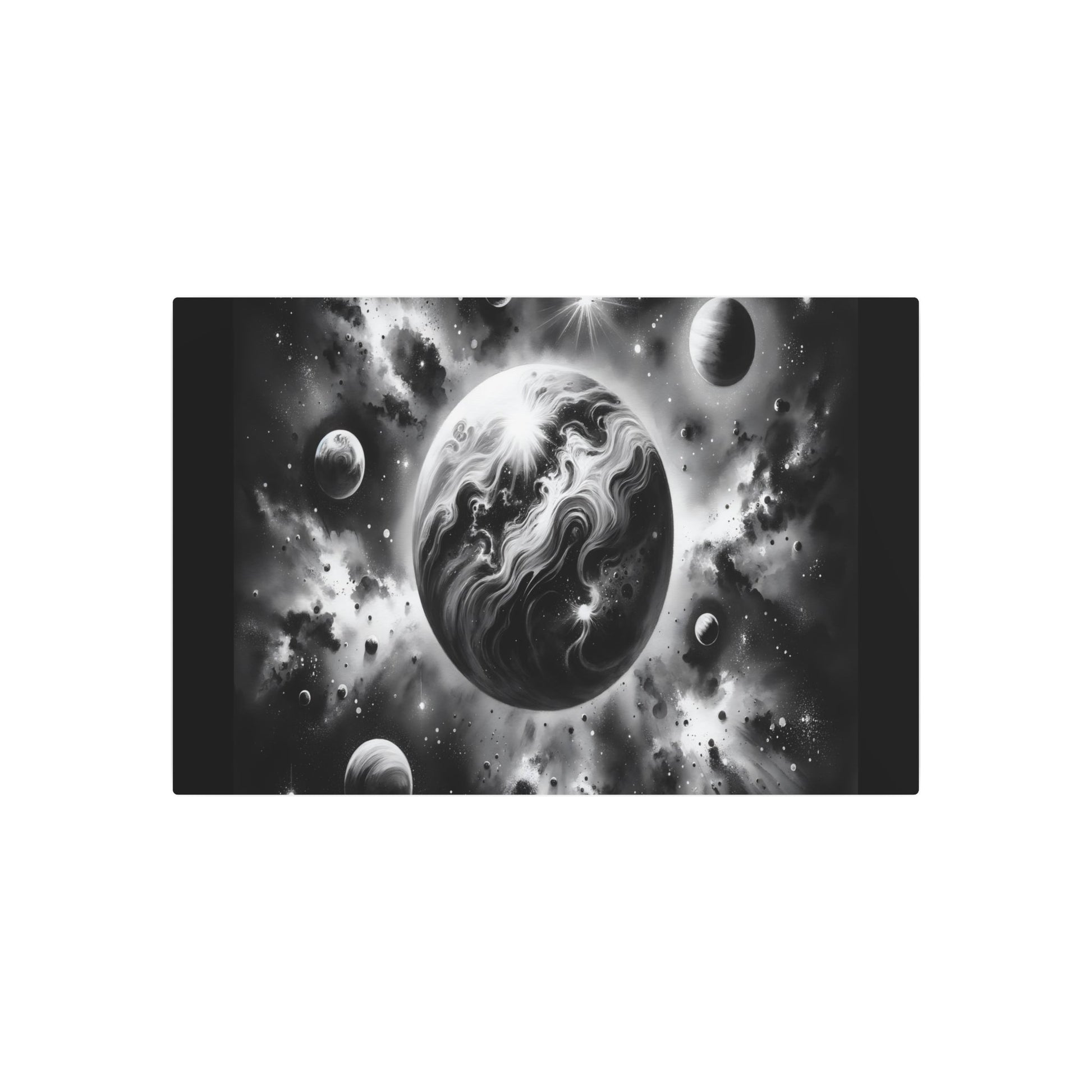 Metal Poster Art | "Sumi - e Japanese Ink Wash Asian Art - Celestial Bodies and Cosmos Interpretation with Light - Shadow Interplay" - Metal Poster Art 36″ x 24″ (Horizontal) 0.12''