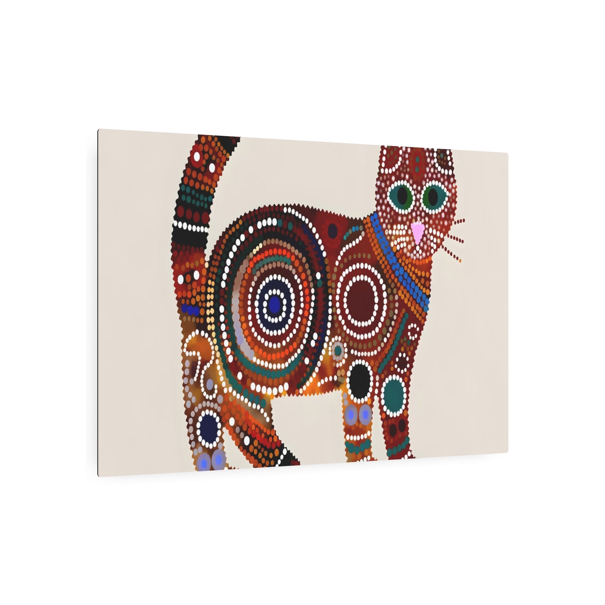 Metal Poster Art | "Australian Aboriginal Art Inspired Vibrant Cat Portrait: Non-Western & Global Styles - Intricate Patterned Aboriginal Artwork" - Metal Poster Art 36″ x 24″ (Horizontal) 0.12''