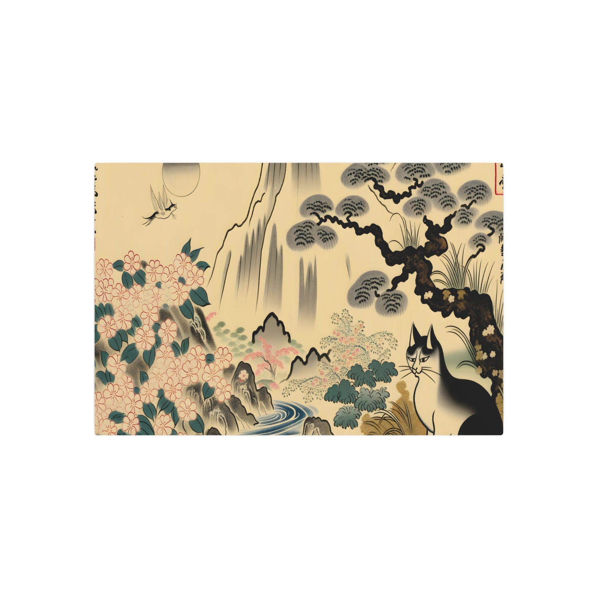 Metal Poster Art | "Kano School Inspired Japanese Artwork - Asian Art Styles Featuring a Cat as the Main Subject" - Metal Poster Art 36″ x 24″ (Horizontal) 0.12''