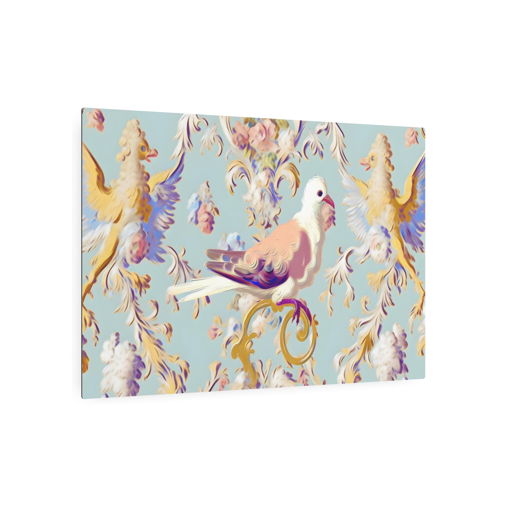 Metal Poster Art | "Pastel Rococo Style Western Art Painting - Intricate Opulent Bird Scene with Playful Ornate Detailing" - Metal Poster Art 36″ x 24″ (Horizontal) 0.12''