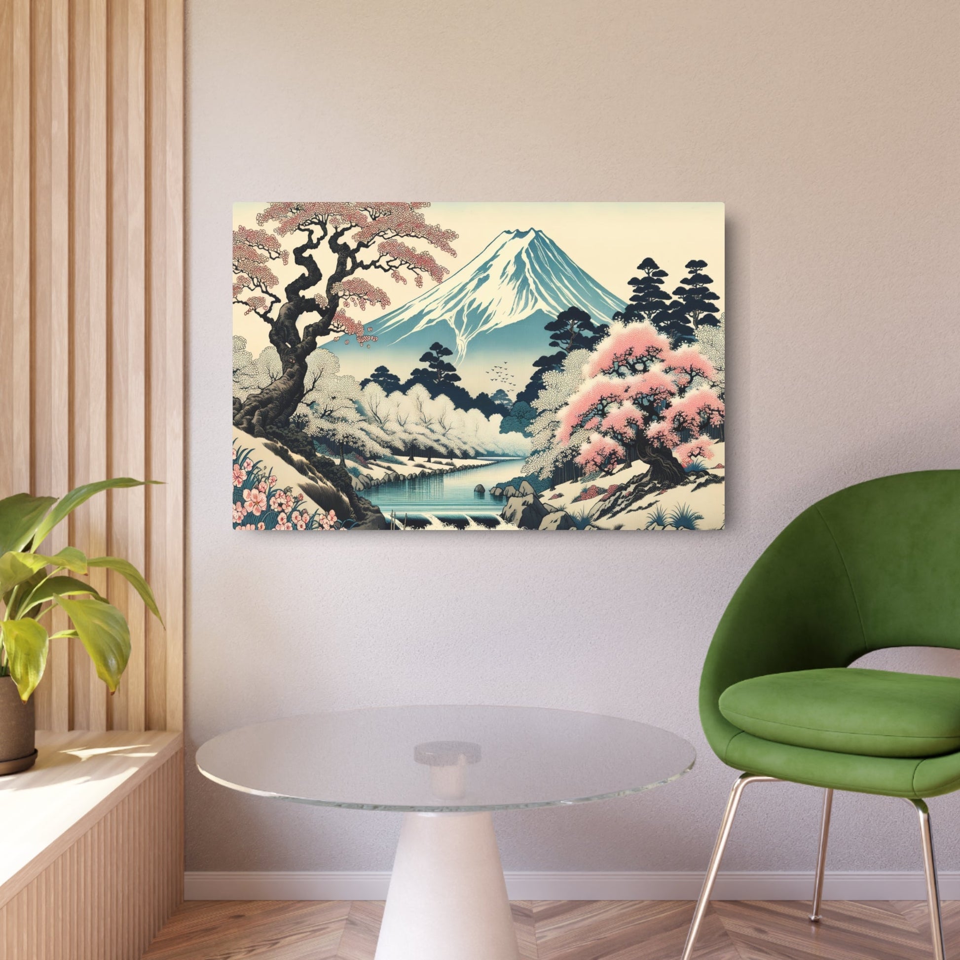 Metal Poster Art | "Traditional Ukiyo - e Japanese Art Print - Tranquil Cherry Blossom River Scene with Snow - capped Mount Fuji - Asian Art Styles Collection" - Metal Poster Art 36″ x 24″ (Horizontal) 0.12''