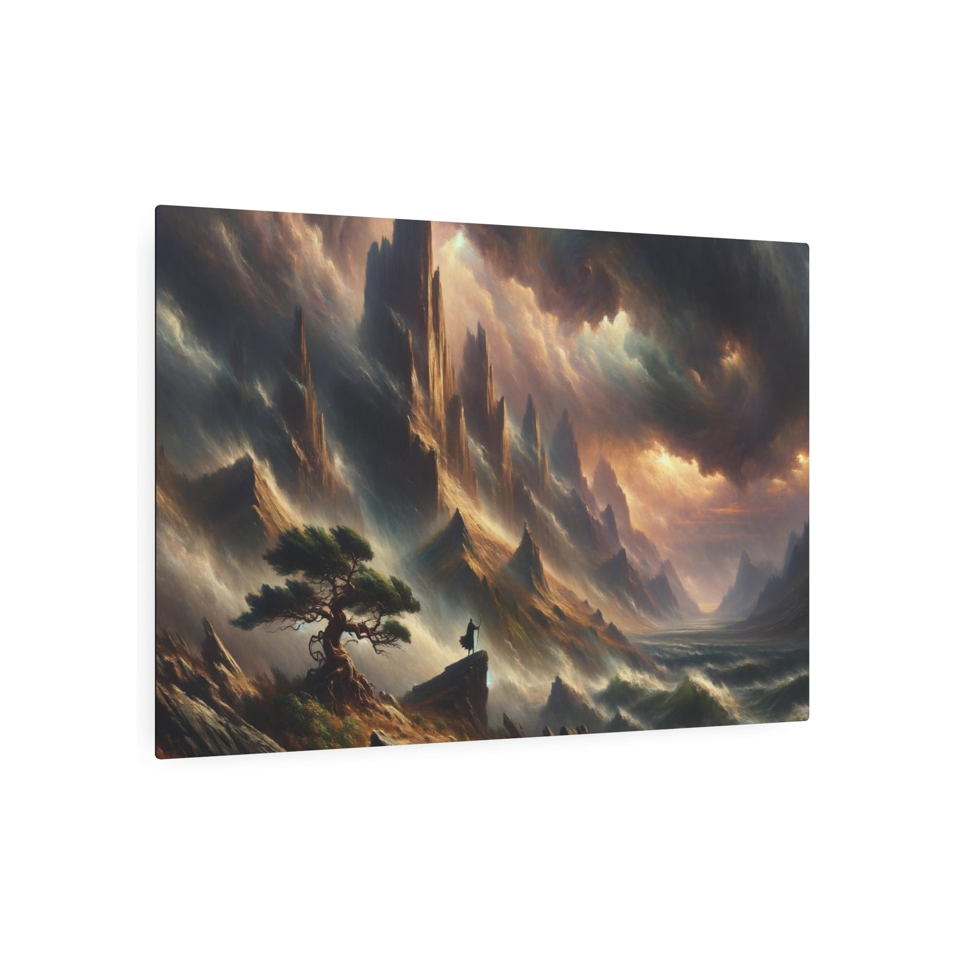 Metal Poster Art | "Romanticism Western Art Style: Dramatic Mountain Landscape with Stormy Sky and Solitary Figure by Tree" - Metal Poster Art 36″ x 24″ (Horizontal) 0.12''