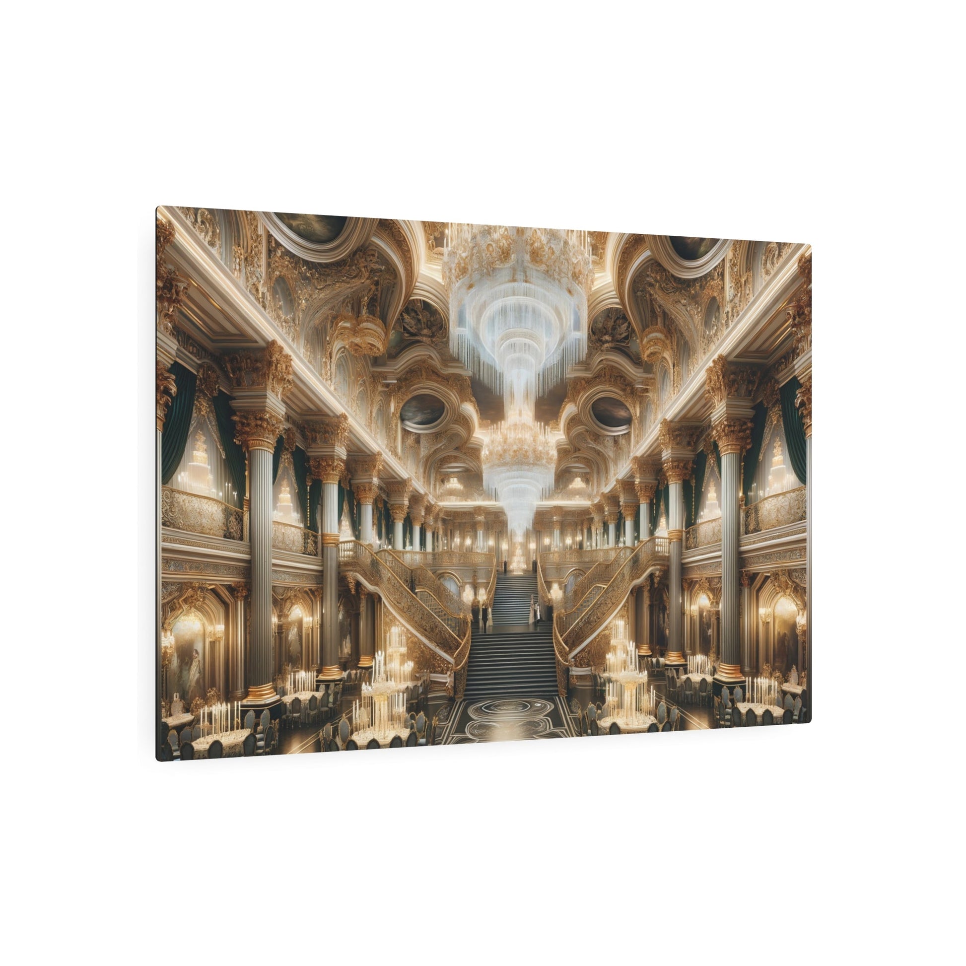 Metal Poster Art | "Baroque Art: Grand Palace Banquet Hall with Gilded Details, Chandeliers and Grand Staircase in Western Art Styles Collection" - Metal Poster Art 36″ x 24″ (Horizontal) 0.12''