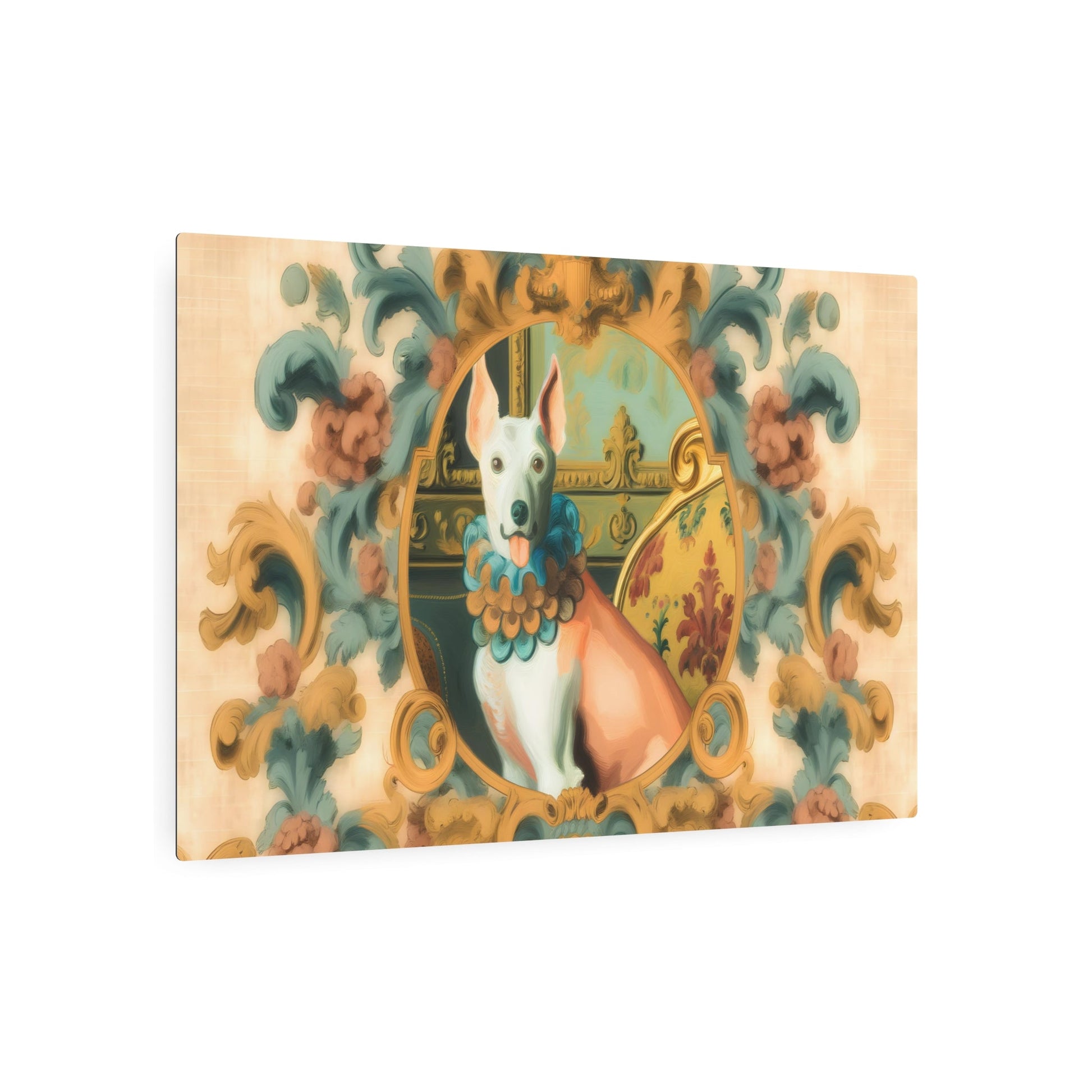 Metal Poster Art | "Luxurious Rococo-Style Dog Painting in Soft Pastels - Intricate Detail Western Art" - Metal Poster Art 36″ x 24″ (Horizontal) 0.12''