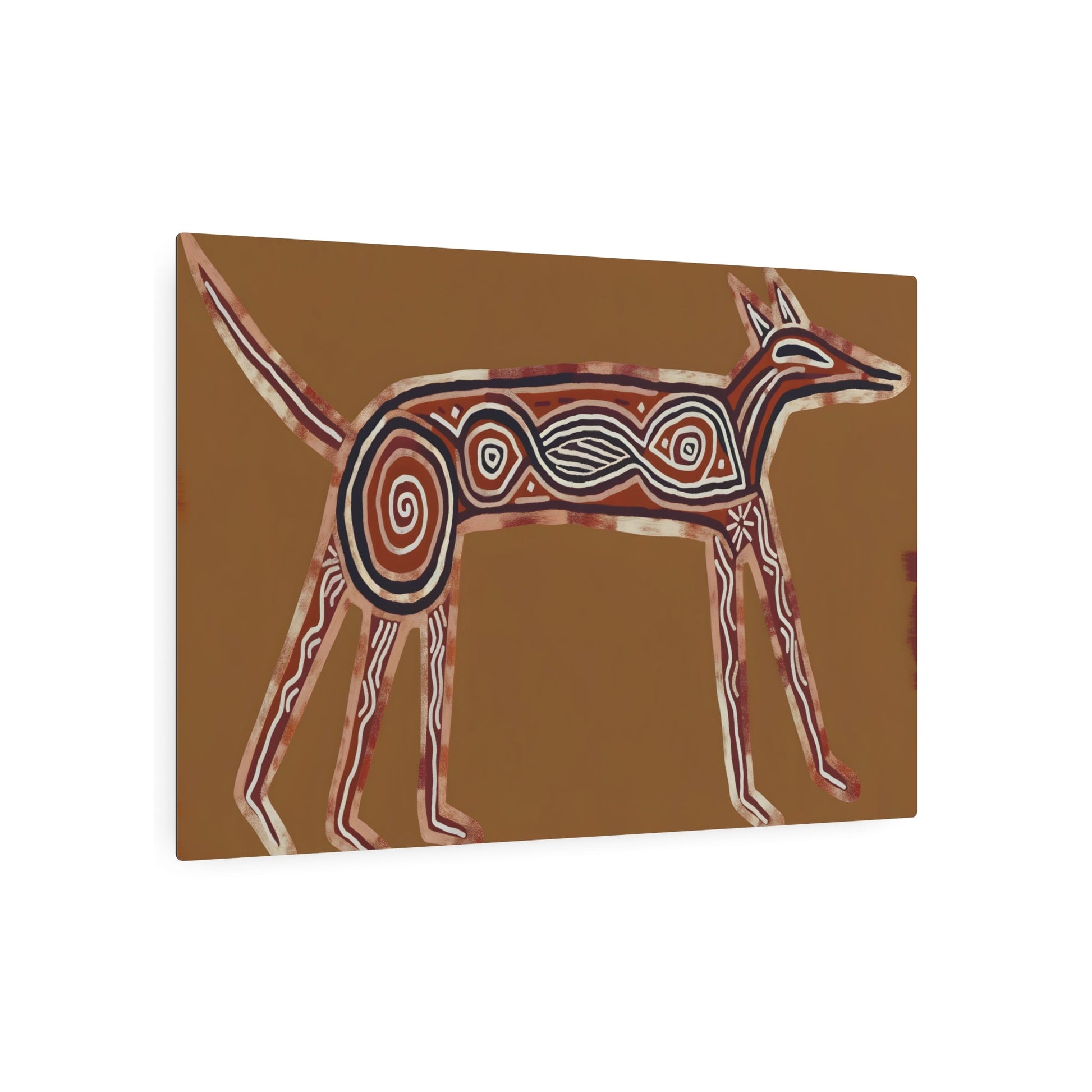 Metal Poster Art | "Authentic Australian Aboriginal Art Style Dog Image with Traditional Symbols and Patterns - Non-Western & Global Aboriginal Art" - Metal Poster Art 36″ x 24″ (Horizontal) 0.12''