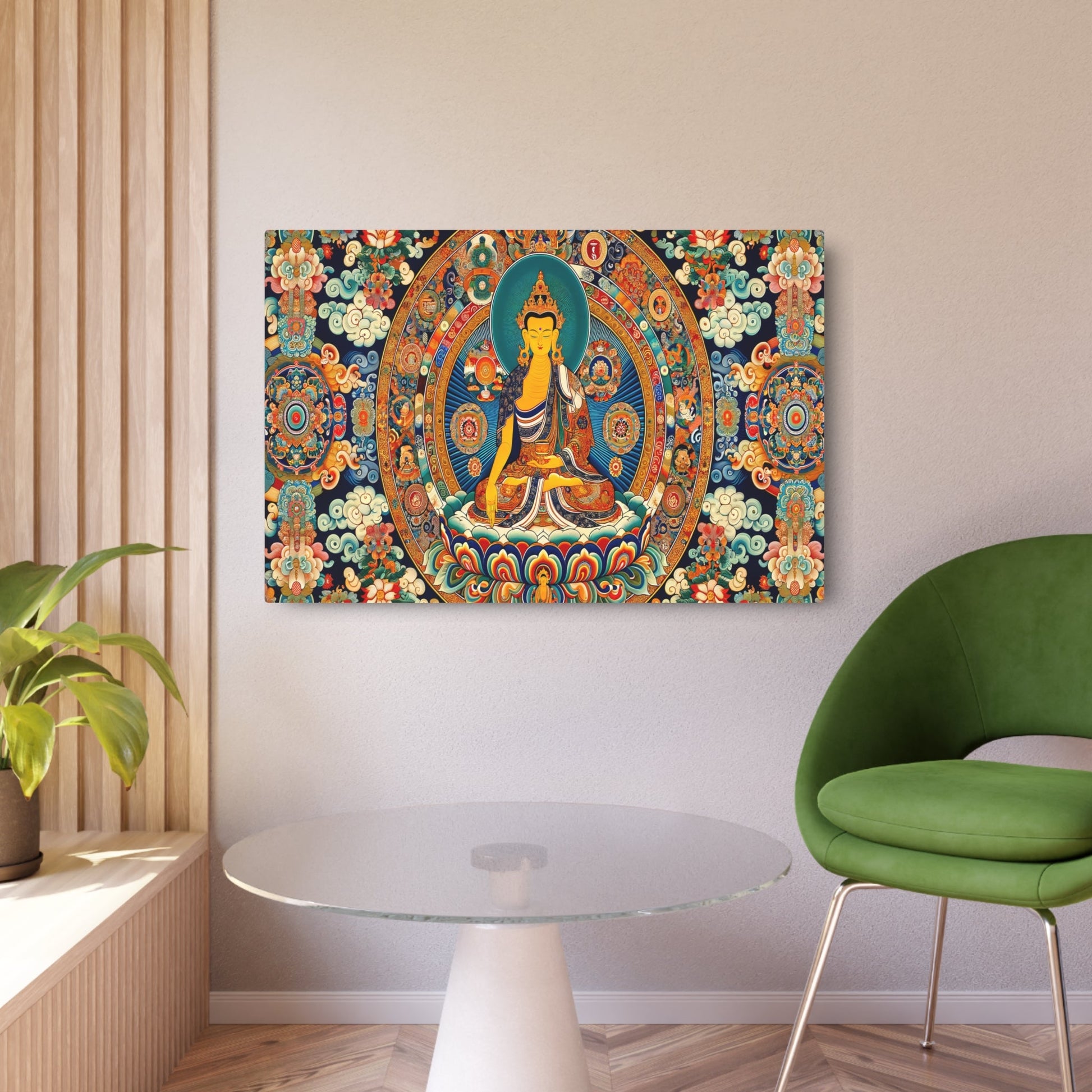 Metal Poster Art | "Sophisticated & Spiritual Thangka Tibetan Painting - Intricate Asian Art Style with Vivid Colors & Detailed Religious Symbolism" - Metal Poster Art 36″ x 24″ (Horizontal) 0.12''