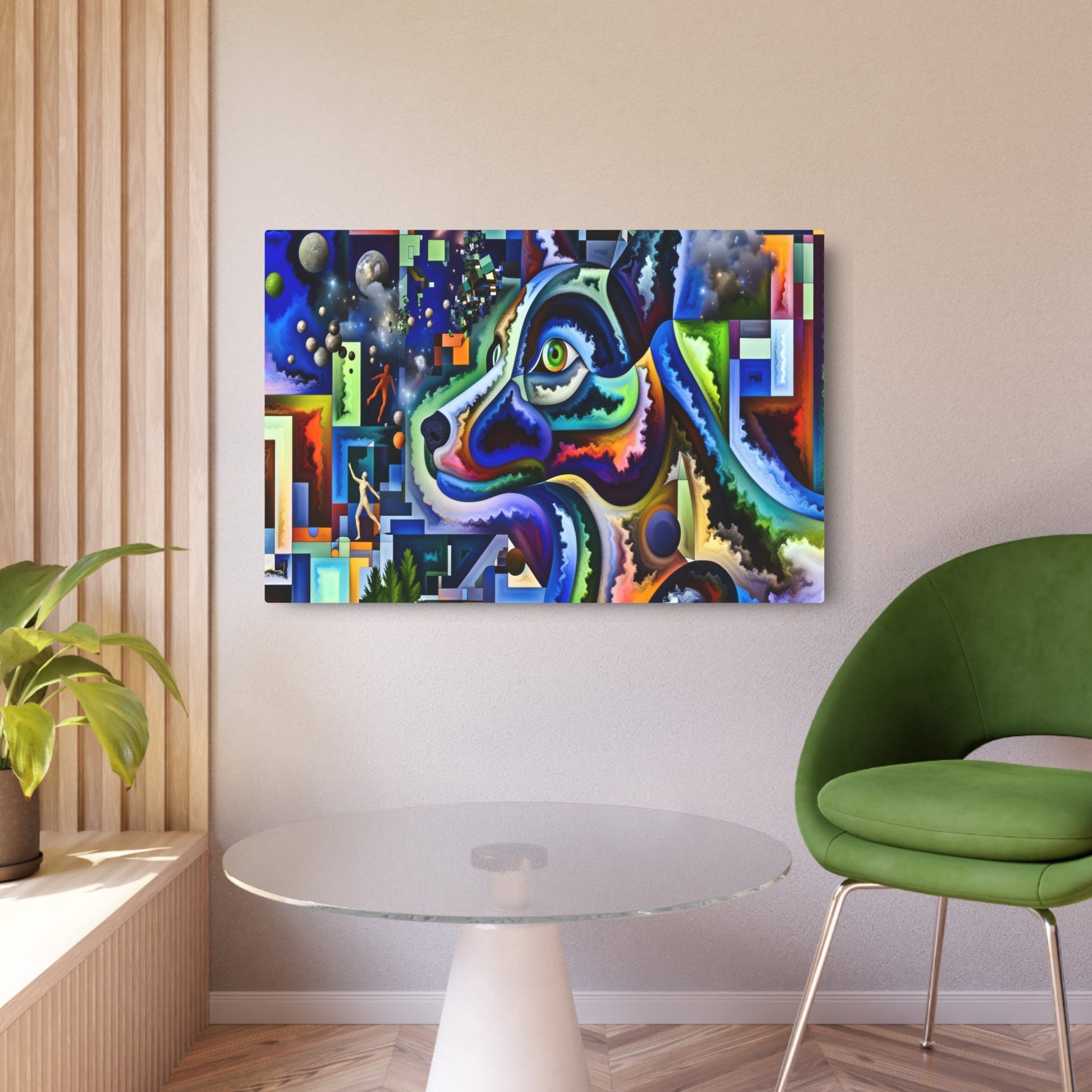 Metal Poster Art | "Modern Contemporary Surrealism Art - Cosmic Canine Portrait with Abstract Cityscape and Forest Transformation, Bold Contrasting Colors & Floating Elements" - Metal Poster Art 36″ x 24″ (Horizontal) 0.12''