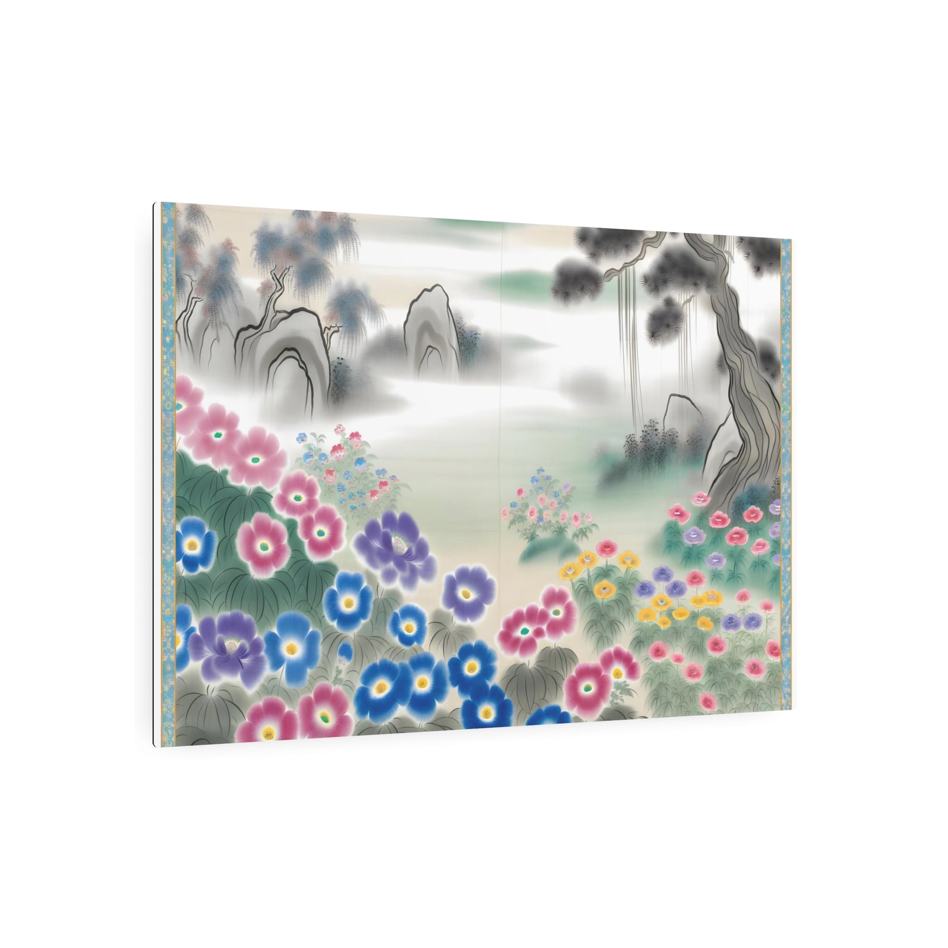 Metal Poster Art | "Tranquil Chinese Silk Painting: Vibrant Floral Garden Artwork in Traditional Asian Style - Peaceful Harmony in Brushstrokes and Soft Tones - Metal Poster Art 36″ x 24″ (Horizontal) 0.12''