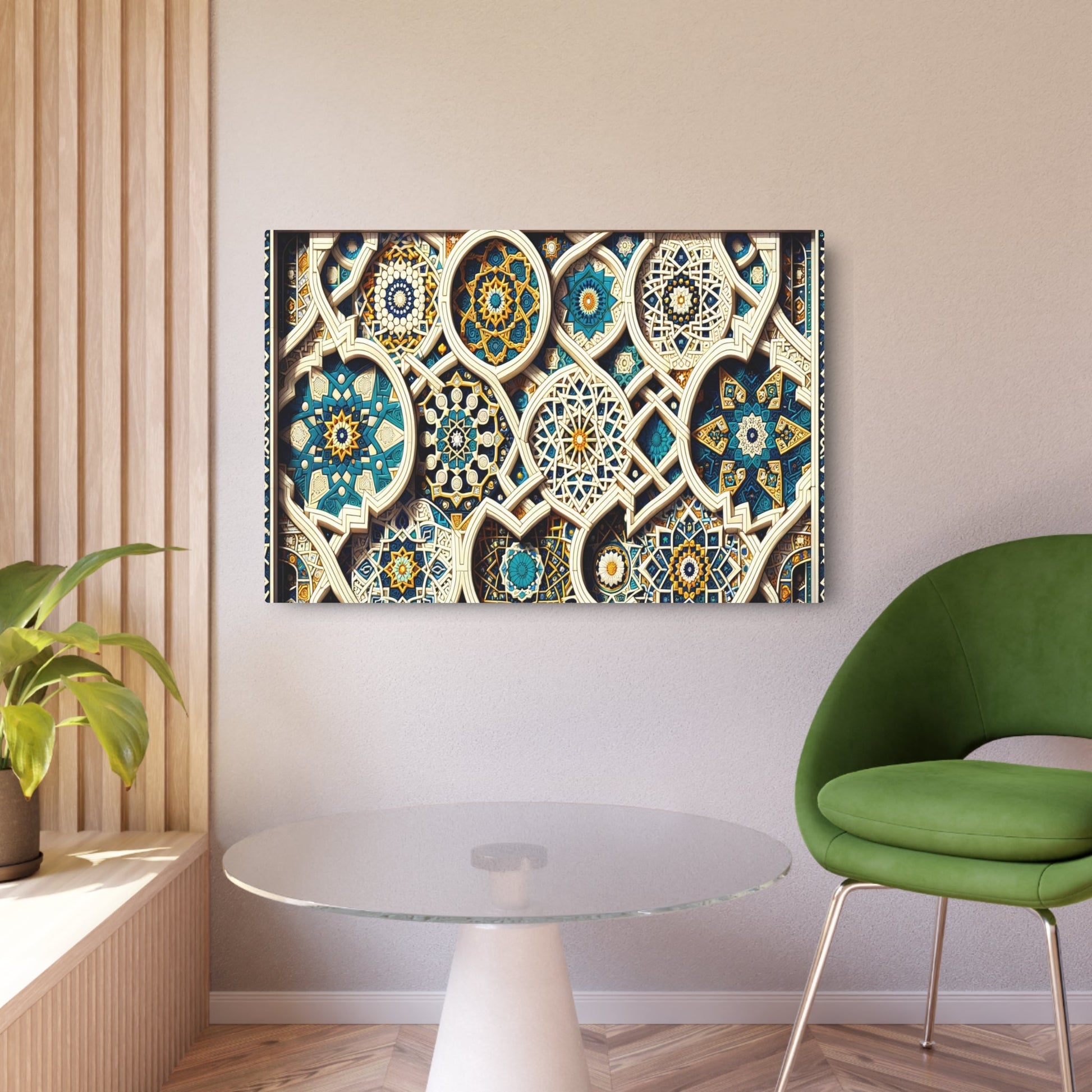 Metal Poster Art | "Islamic Geometric Patterns Wall Art in Traditional Bright Blues, Whites, and Golds - Exquisite Non - Western & Global Styles Decor Featuring Stars - Metal Poster Art 36″ x 24″ (Horizontal) 0.12''