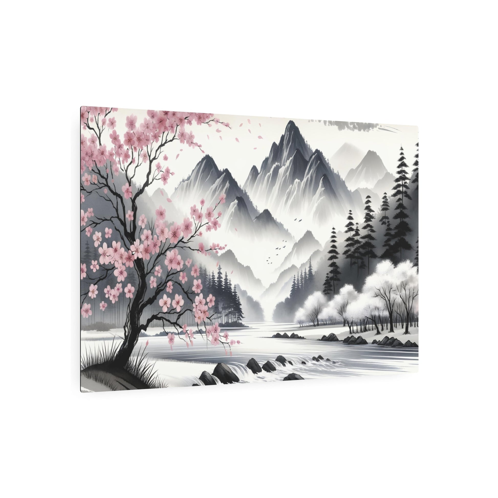 Metal Poster Art | "Japanese Sumi - e Ink Wash Painting - Tranquil Landscape with Mountains, Flowing River and Cherry Blossom Trees - Asian Art Styles Collection" - Metal Poster Art 36″ x 24″ (Horizontal) 0.12''