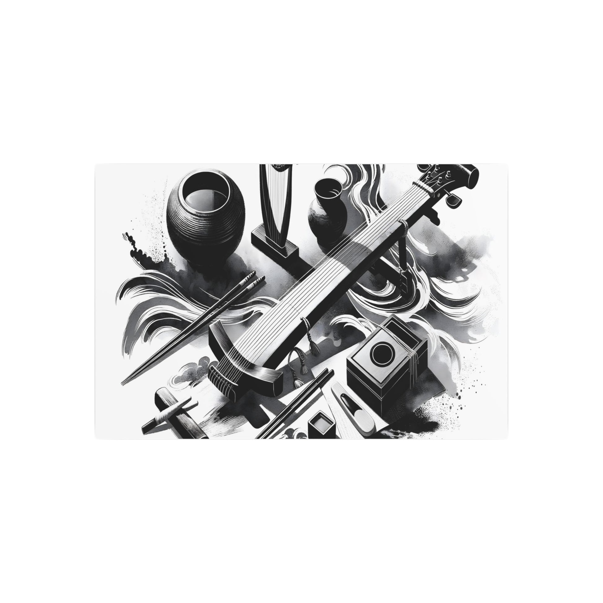 Metal Poster Art | "Sumi - e Asian Art Styles: Japanese Ink Wash Painting of Music & Art featuring Traditional Instruments Shamisen, Koto, Shakuhachi and Call - Metal Poster Art 36″ x 24″ (Horizontal) 0.12''