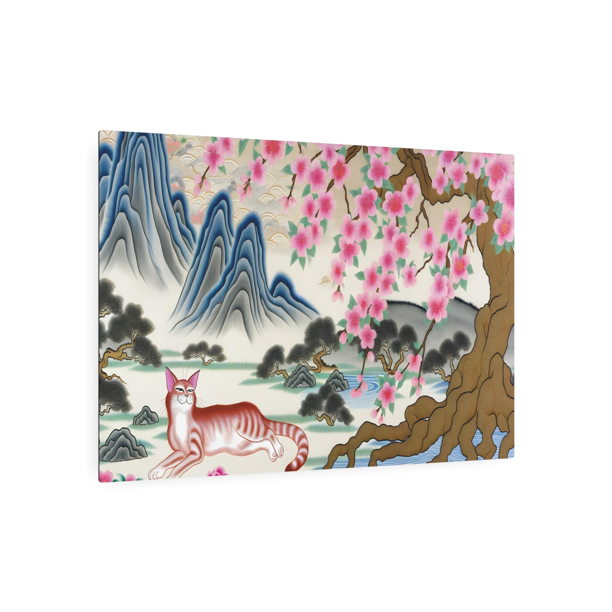 Metal Poster Art | "Traditional Chinese Silk Painting: Serene Landscape with Elegant Feline under Cherry Blossom Tree - Authentic Asian Art in Soft and Fluid Style" - Metal Poster Art 36″ x 24″ (Horizontal) 0.12''