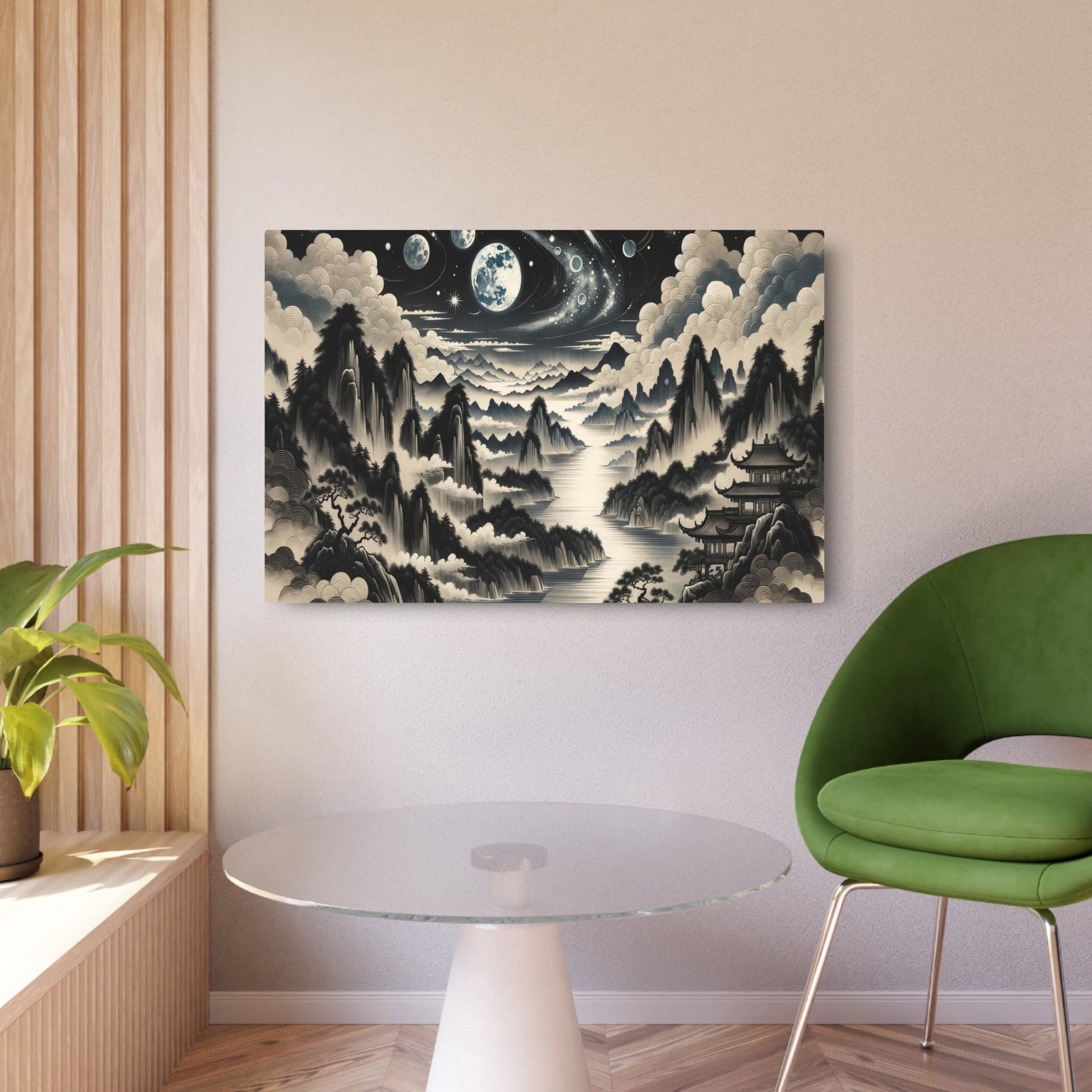 Metal Poster Art | "Traditional Chinese Brush Painting of Celestial Landscape in Asian Art Styles - Featuring Moon, Stars, & Planets" - Metal Poster Art 36″ x 24″ (Horizontal) 0.12''