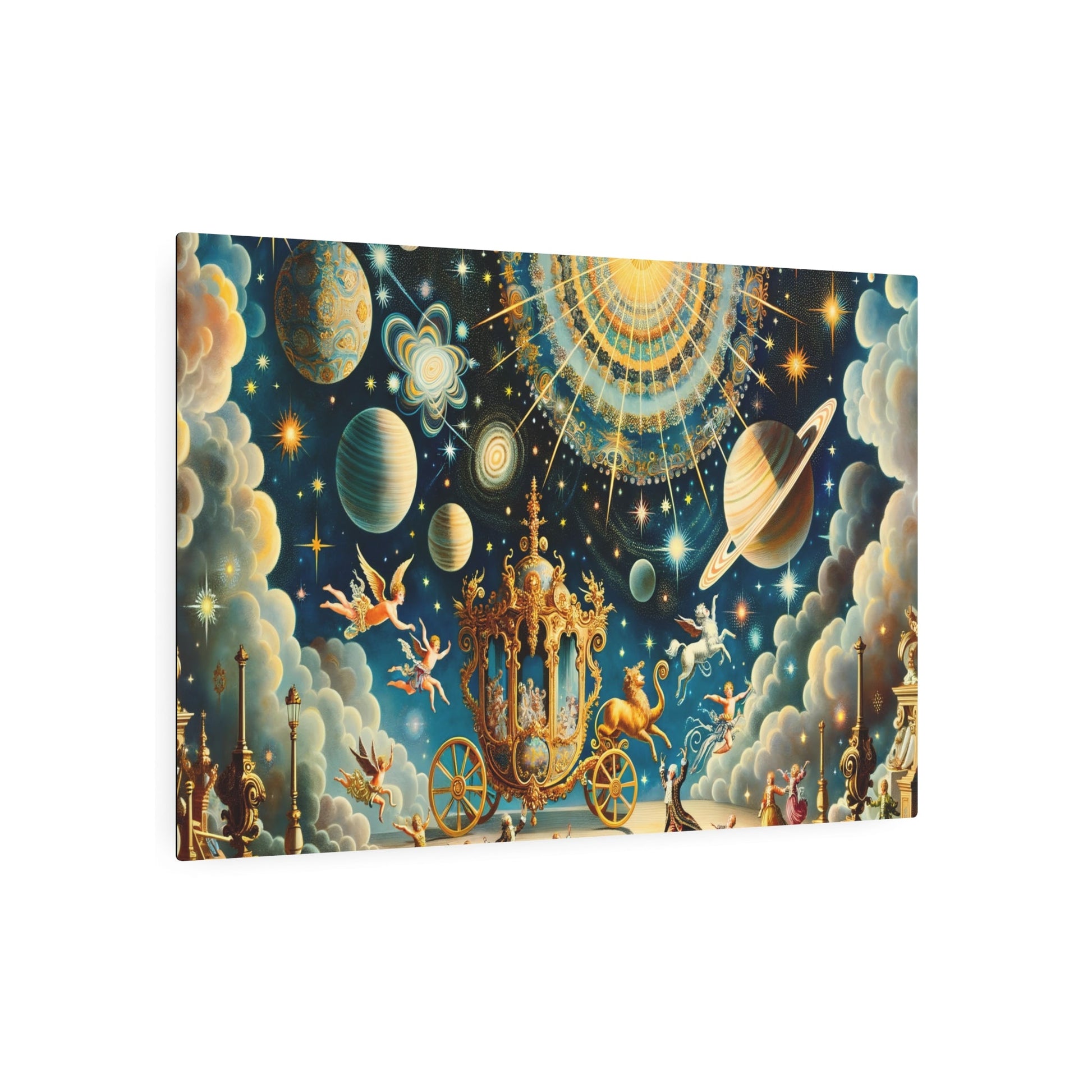 Metal Poster Art | "Rococo Period - Inspired Celestial Scene Painting - Western Art Style featuring Planets, Stars, Galaxies and Cherubs in Rich Blue - Metal Poster Art 36″ x 24″ (Horizontal) 0.12''