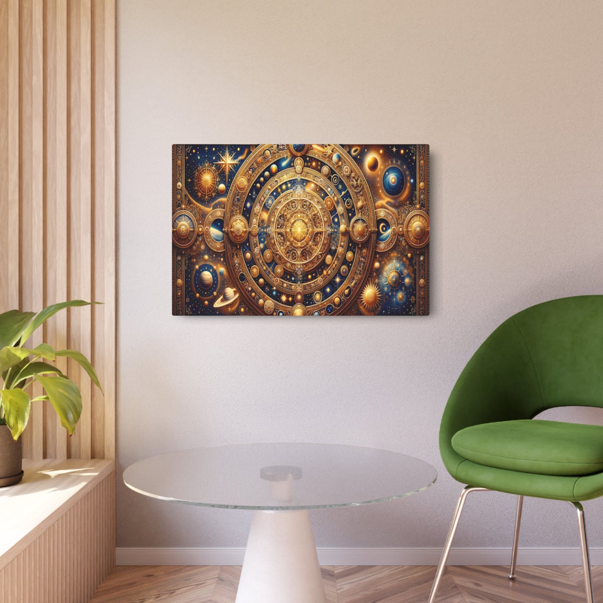 Metal Poster Art | "Byzantine Art Style Celestial Body Theme: Intricate Design of Stars, Comets, Galaxies and Planets with Gold Accents in - Metal Poster Art 36″ x 24″ (Horizontal) 0.12''