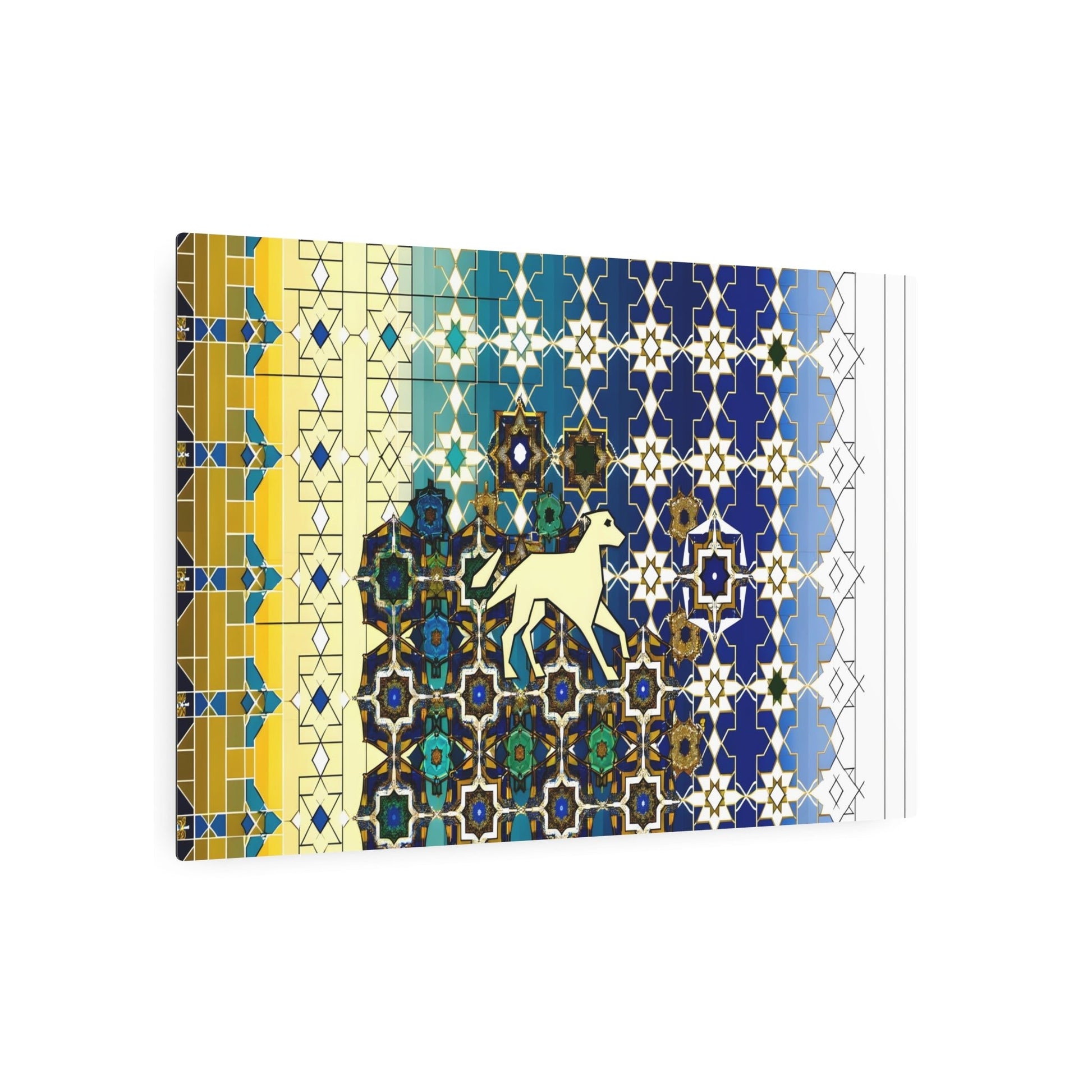 Metal Poster Art | "Subtle Canine Design within Intricate Islamic Geometric Art - Non-Western & Global Styles, Deep Blue and Gold Tones" - Metal Poster Art 36″ x 24″ (Horizontal) 0.12''