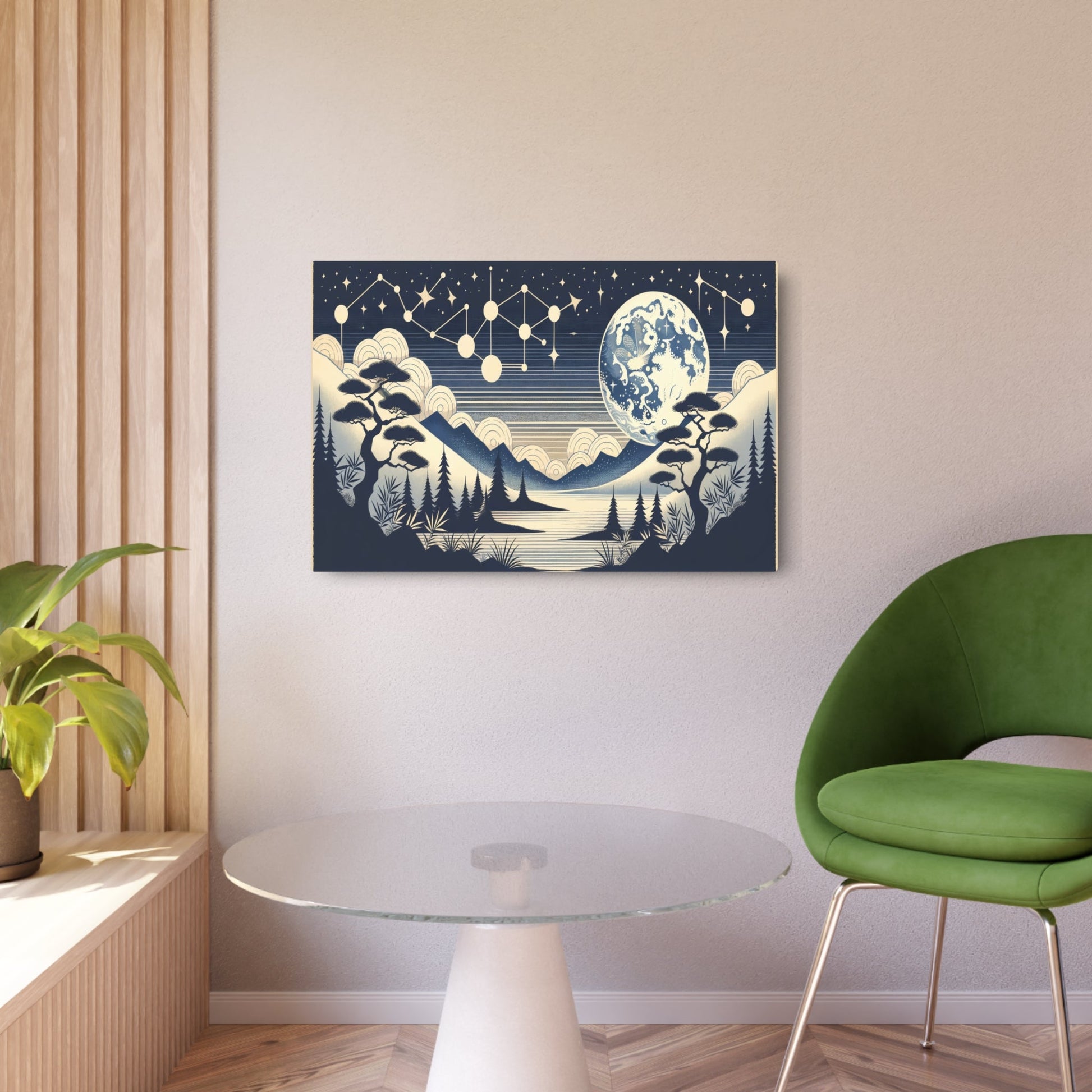 Metal Poster Art | "Kano School Japanese Art Style: Celestial Body Scene with Serene Moonlight and Vibrant Constellation - Asian Art Incorporating Traditional Bold Out - Metal Poster Art 36″ x 24″ (Horizontal) 0.12''