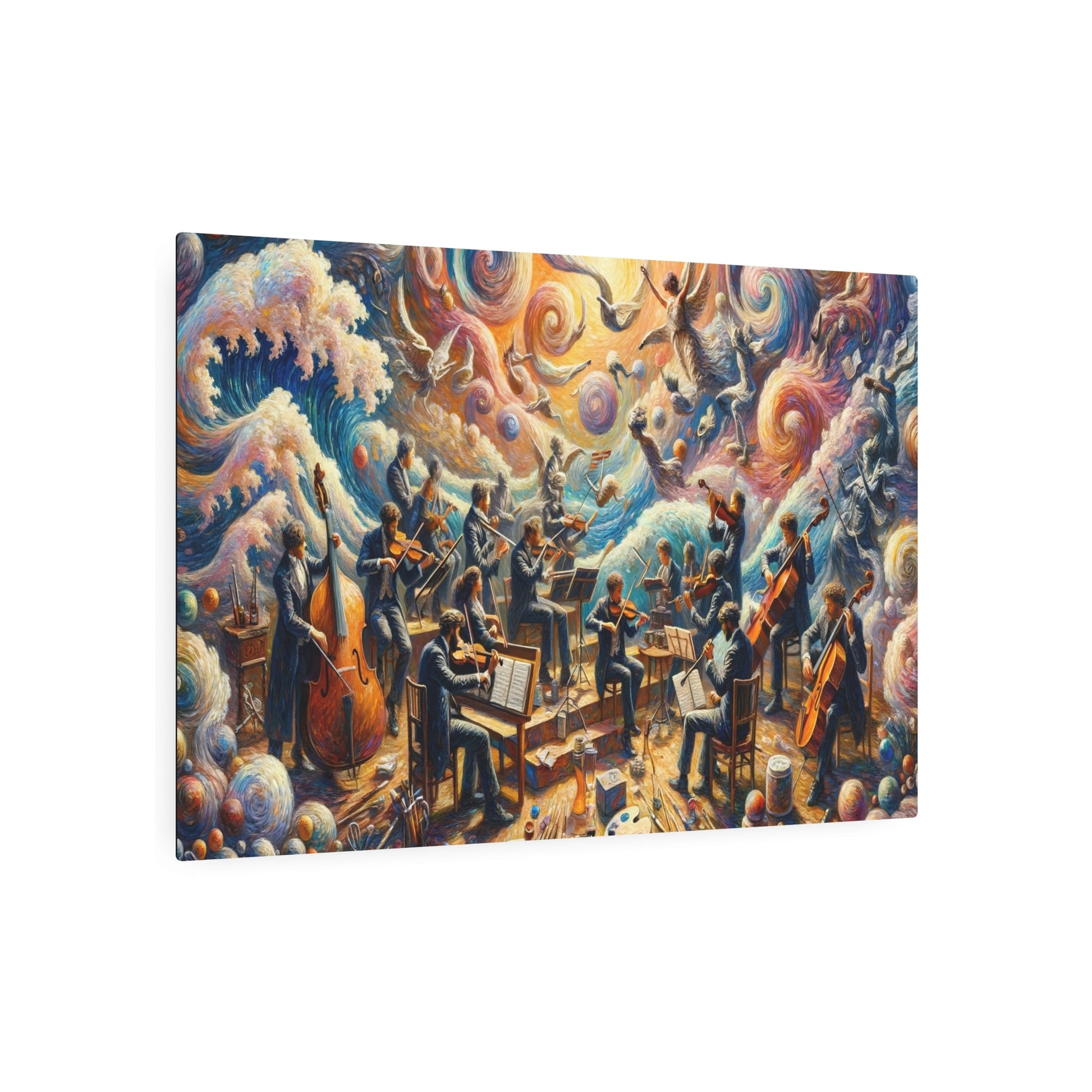 Metal Poster Art | "Post - Impressionistic Harmony: Vivid Fusion of Art and Music in Western Styles - Musicians, Classical Instruments, Painting & Sculpting Tools - Metal Poster Art 36″ x 24″ (Horizontal) 0.12''