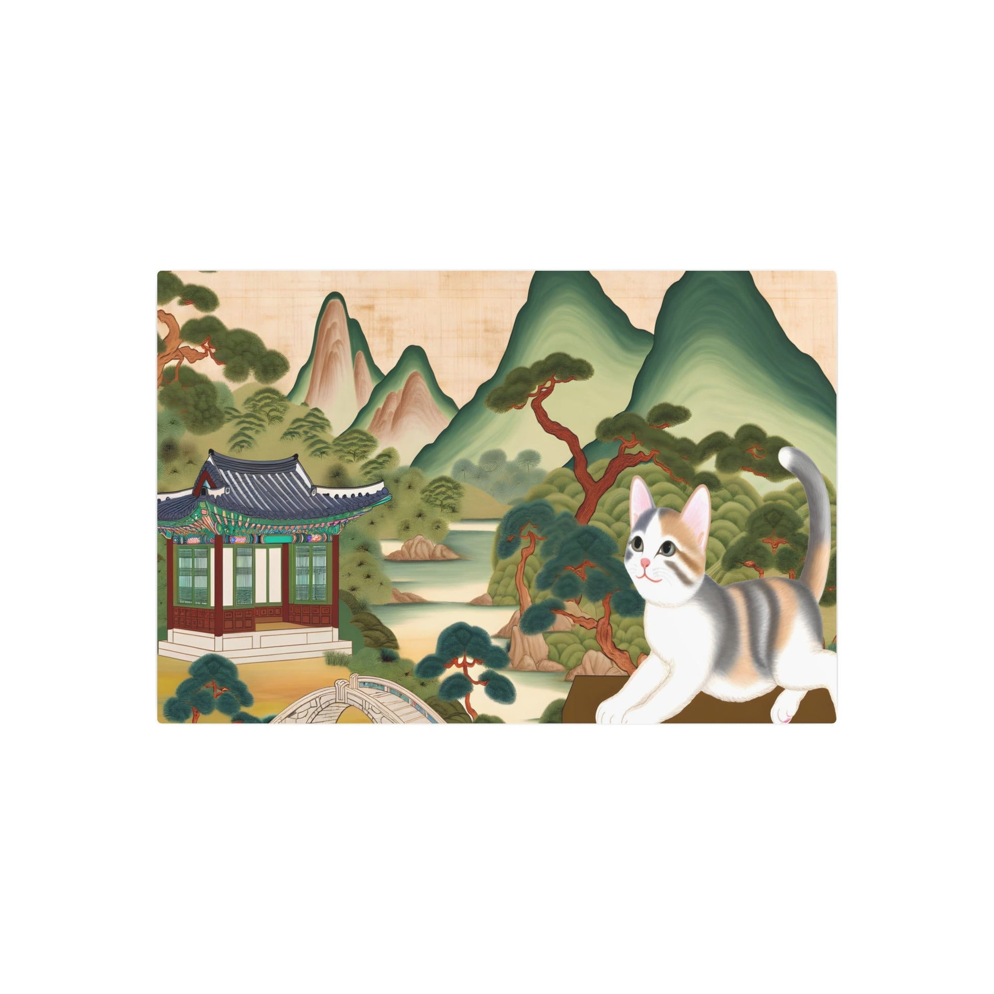 Metal Poster Art | "Playful Cat in Traditional Joseon Dynasty Scenery - Classic Korean Asian Art Style Painting" - Metal Poster Art 36″ x 24″ (Horizontal) 0.12''