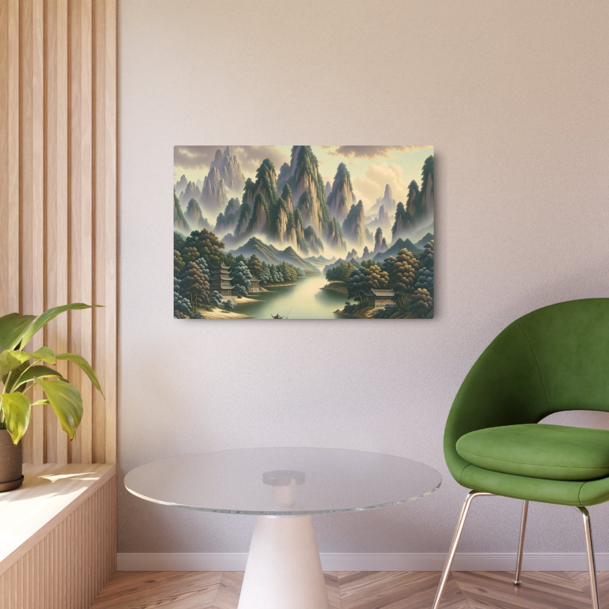 Metal Poster Art | "Traditional Chinese Landscape Art - Asian Art Styles Collection: Majestic Mountains, Serene Rivers, Ancient Temples Painting" - Metal Poster Art 36″ x 24″ (Horizontal) 0.12''