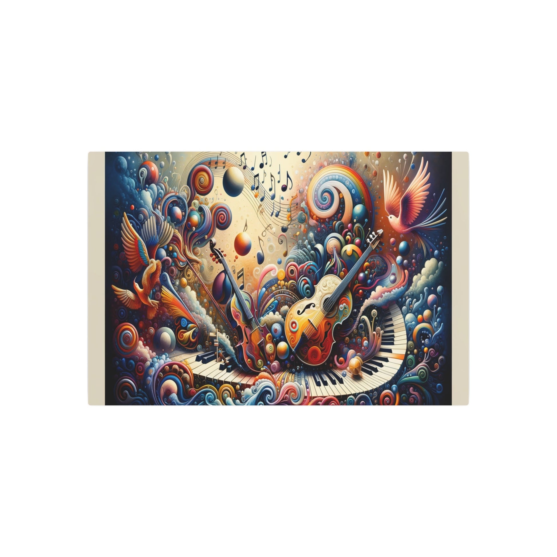 Metal Poster Art | "Harmonious Chaos: Surrealism - Inspired Music & Art Fusion - Modern Contemporary Style Vibrant Painting with Musical Notes, Eccentric Shapes - Metal Poster Art 36″ x 24″ (Horizontal) 0.12''