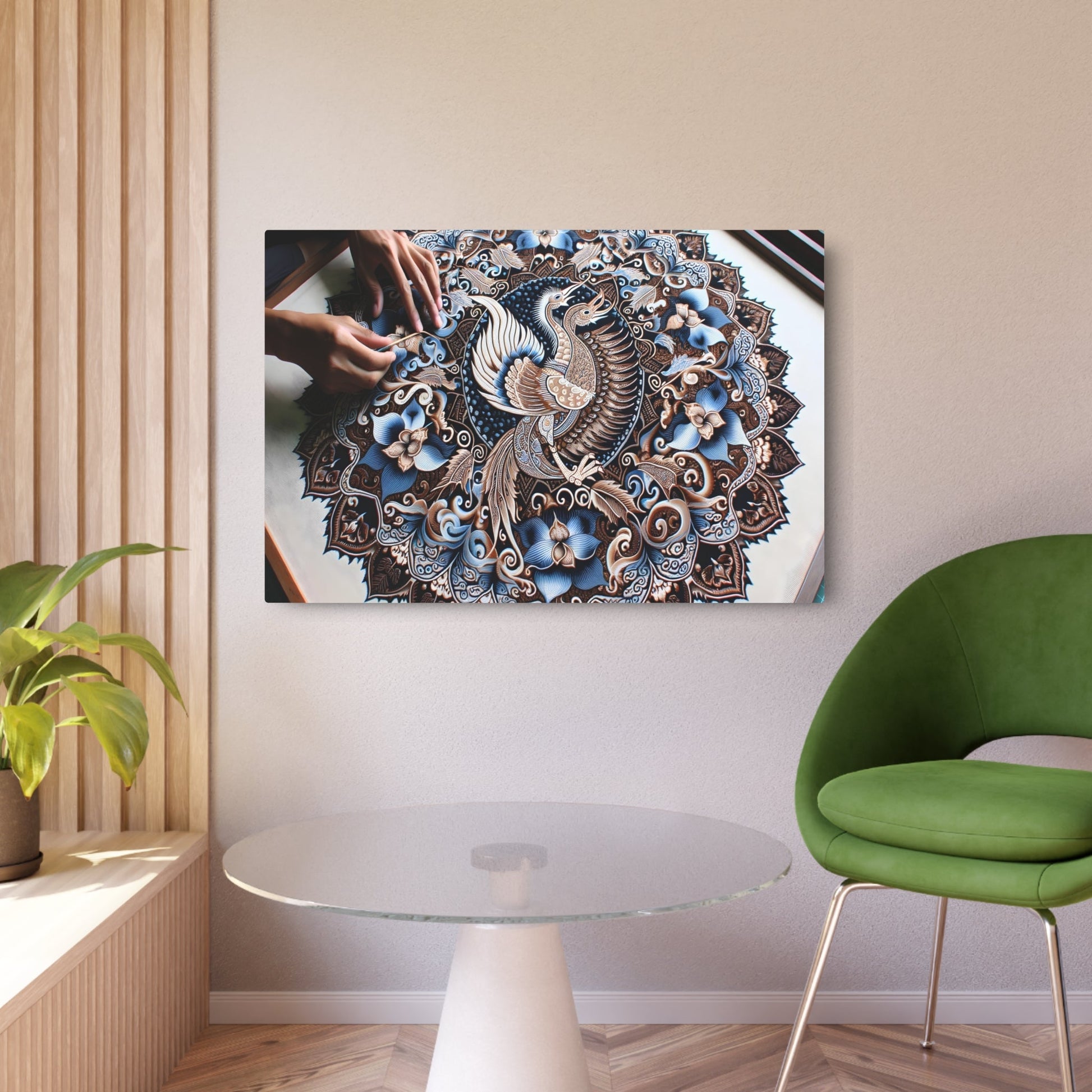 Metal Poster Art | "Indonesian Batik - Inspired Intricate Artwork with Traditional Symbols in Deep Indigo and Brown - Non - Western & Global Styles Art - Metal Poster Art 36″ x 24″ (Horizontal) 0.12''