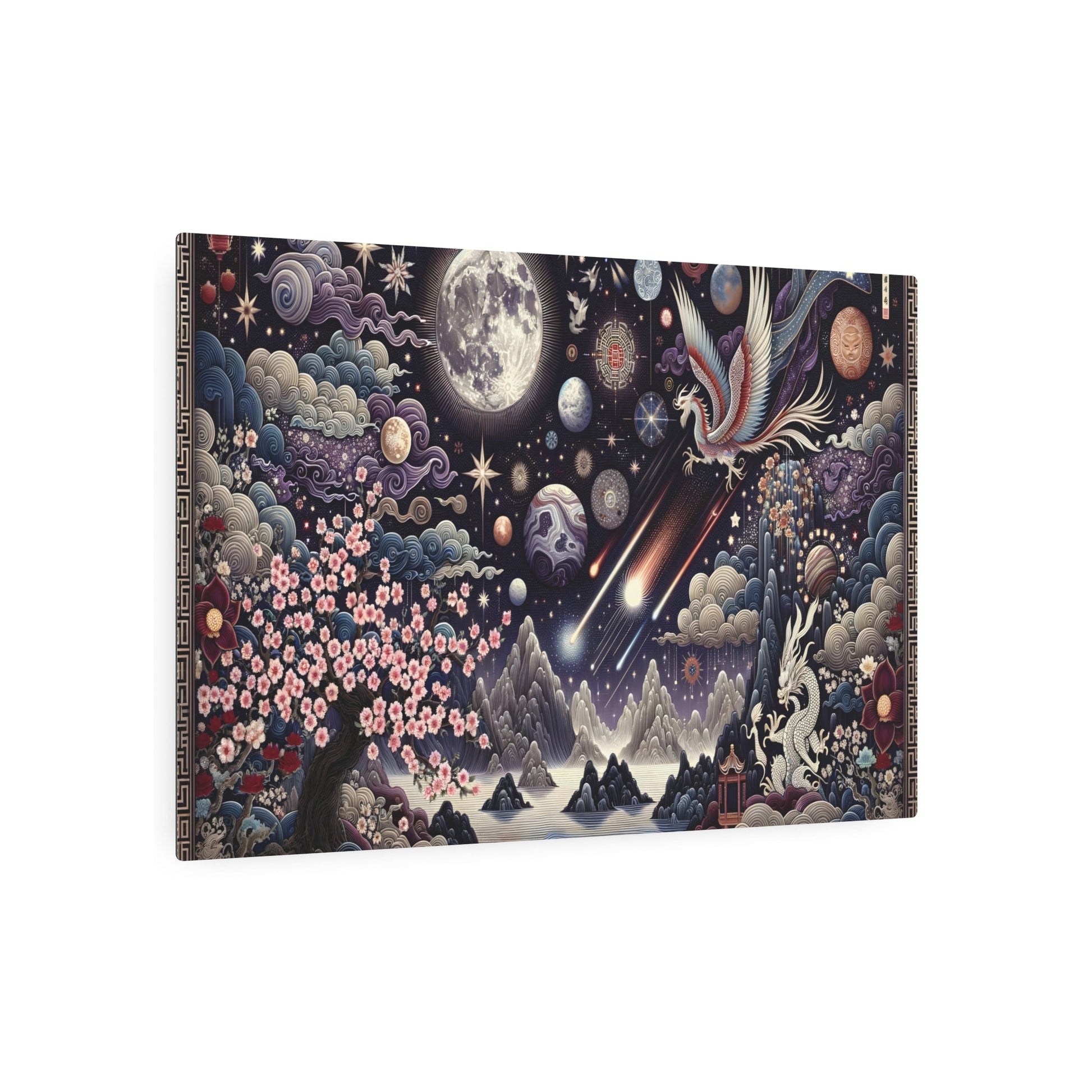 Metal Poster Art | "Chinese Silk Painting Art - Celestial Theme with Heavenly Bodies and Traditional Chinese Elements in Vibrant Colors, Part of the Asian Art Styles Collection" - Metal Poster Art 36″ x 24″ (Horizontal) 0.12''