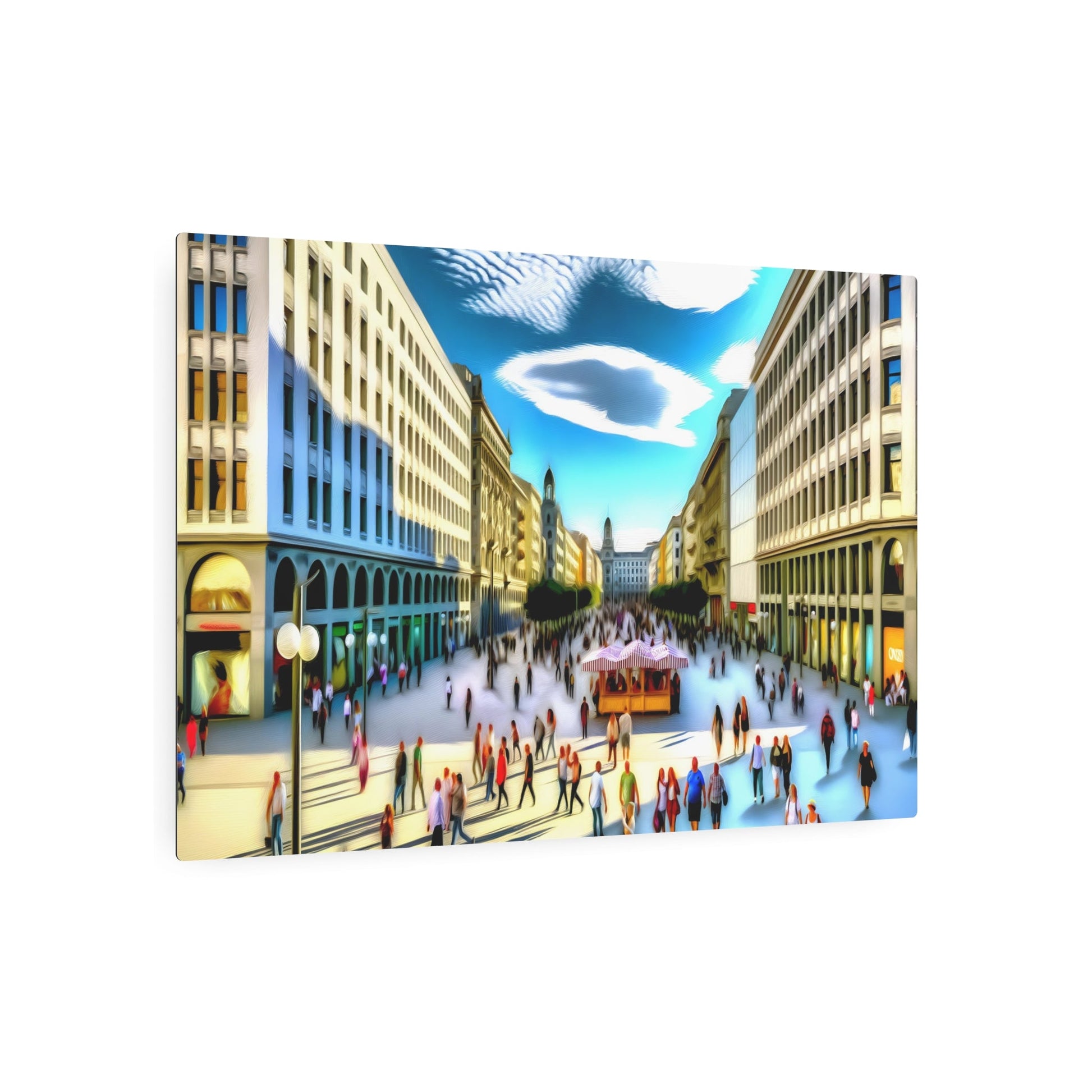 Metal Poster Art | "Realistic Western Art - Vibrant City Street Scene on a Sunny Afternoon, Blend of Modern and Classical Architecture - Realism Painting" - Metal Poster Art 36″ x 24″ (Horizontal) 0.12''