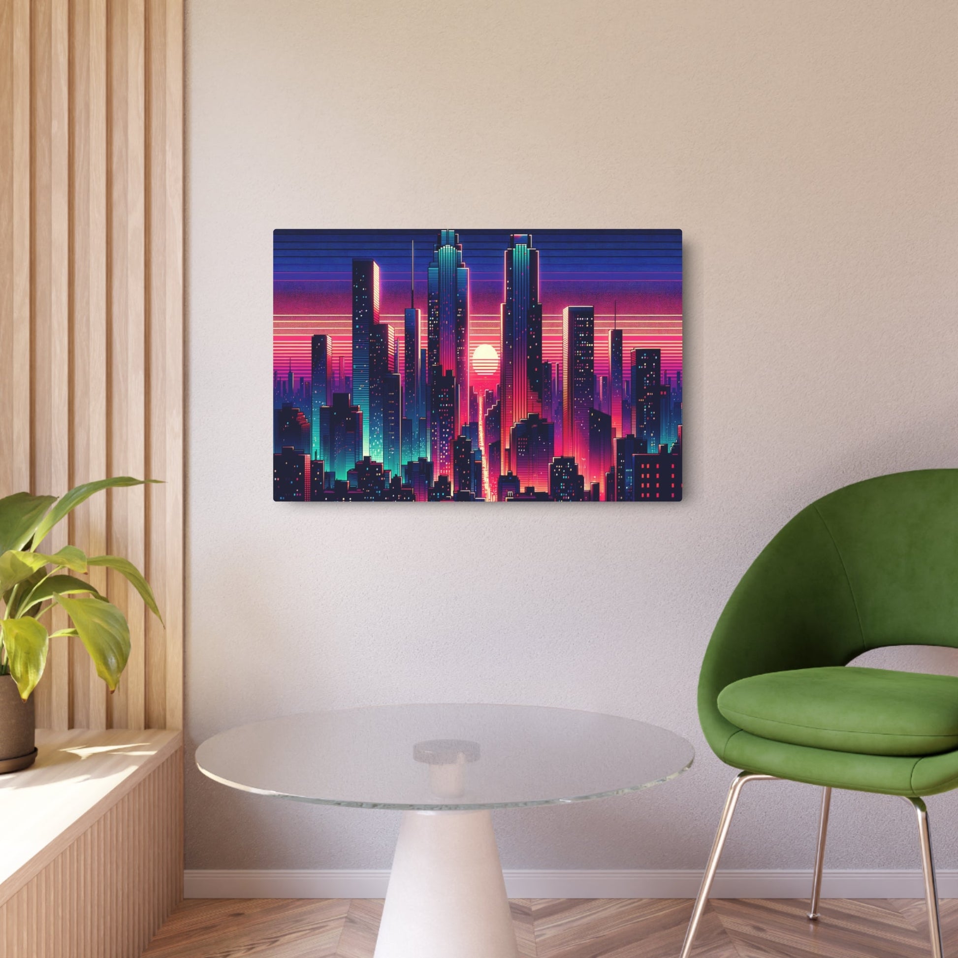 Metal Poster Art | "Digital Art - Vibrant Neon Lights in Modern Sunset Cityscape, Contemporary Style" - Metal Poster Art 36″ x 24″ (Horizontal) 0.12''