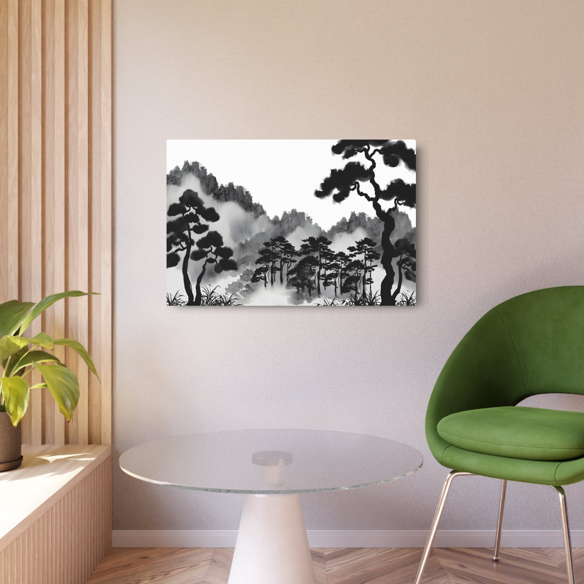 Metal Poster Art | "Sumi-e Japanese Ink Wash Painting - Tranquil Forest Scene in Traditional Asian Art Styles" - Metal Poster Art 36″ x 24″ (Horizontal) 0.12''