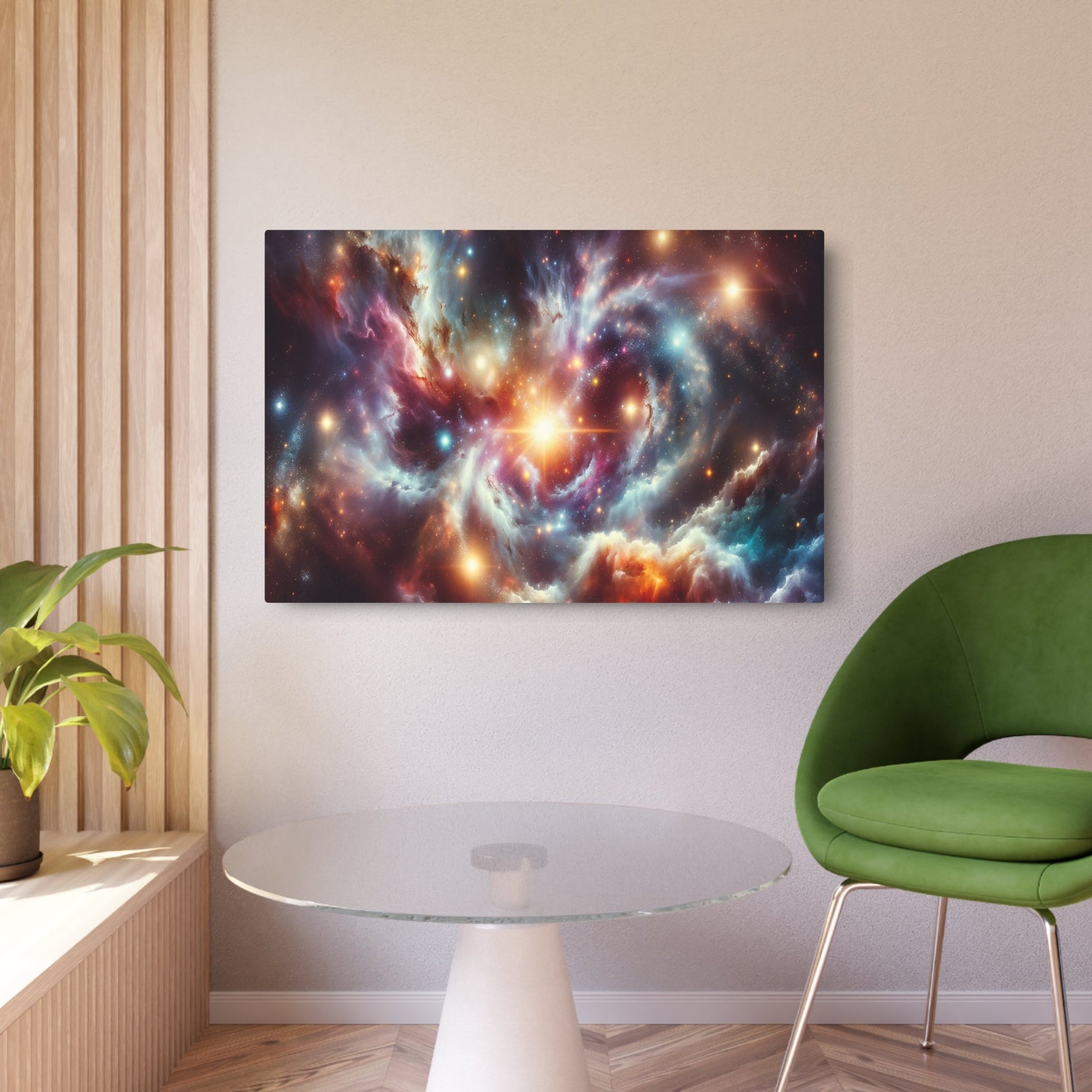 Metal Poster Art | "Vibrant Galaxy Scene Digital Artwork: Modern & Contemporary Style, Featuring Sparkling Stars, Gradient Nebula & Spiraling Galaxies" - Metal Poster Art 36″ x 24″ (Horizontal) 0.12''