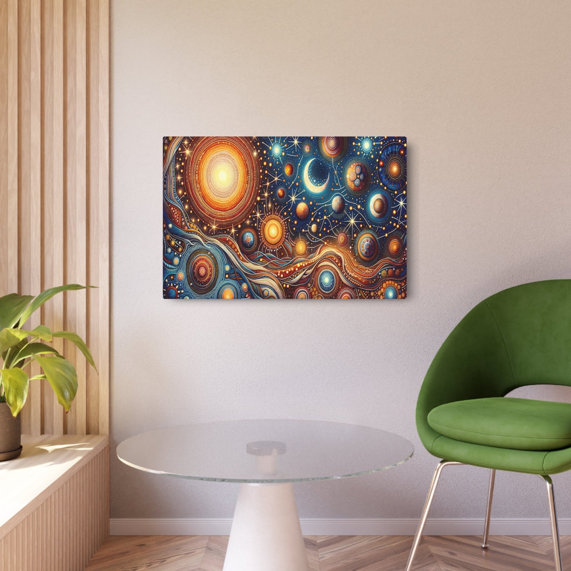 Metal Poster Art | "Australian Aboriginal Art - Celestial Theme with Traditional Patterns and Warm Hues in Non - Western & Global Styles" - Metal Poster Art 36″ x 24″ (Horizontal) 0.12''